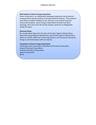 FINANICAL ANALYSIS
Brief Analysis of Devon Energy Corporation
Devon Corporation is an independent leading gas exploration and production
company which operates onshore of Canada and North America. The company’s
head office is located in Oklahoma City, OK and it is one of well renowned
fortune 500 company. Devon Energy is listed within the New York Stock
Exchange, and is part of the Oil and Gas Industry, which has an Oligopolistic
market Structure.
Dominant Player
By considering the figures for the share of Gas Sales Segment Market Share,
Natural Gas Liquid Segment Market Share and Oil Sales Segment Market Share
which are 14.61%, 36.8% and 17.53% respectively it can be ascertain that Devon
Energy is a dominant player within its industry.
Competitors of Devon Energy Corporations
Followings are the some major competitors of the Devon Corporation;
Abraxas Petroleum Corporations
Andarako Petroleum Corporations
Apache Corporations
BP Plc
 