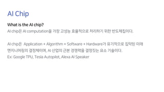 AI Chip
What is the AI chip?
AI chip은 AI computation을 가장 고성능 효율적으로 처리하기 위한 반도체칩이다.
AI chip은 Application + Algorithm + Software + Hardware가 유기적으로 집약된 미래
엔지니어링의 결정체이며, AI 산업의 근본 경쟁력을 결정짓는 요소 기술이다.
Ex: Google TPU, Tesla Autopilot, Alexa AI Speaker
 