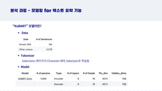 분석 과정 - 모델링 for 텍스트 요약 기능
“KoBART” 모델이란?
tokenizers 패키지의 Character BPE tokenizer로 학습됨
Data
Model
Tokenizer
 