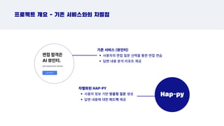 프로젝트 개요 - 기존 서비스와의 차별점
Hap-py
기존 서비스 (뷰인터)
사용자의 면접 질문 선택을 통한 면접 연습
답변 내용 분석 리포트 제공
차별화된 HAP-PY
사용자 정보 기반 맞춤형 질문 생성
답변 내용에 대한 피드백 제공
 
