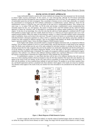 Multimodal Image Fusion Biometric System

                            III.           RANK LEVEL FUSION APPROACH
           Large multimodal biometric systems with various methods and strategies have been proposed over the last decade
to achieve higher accuracy performance. In this context, it is also observed that, although the PCA-based multimodal
biometric system has been developed by some researchers, the application of PCA for face, ear, and signature in the context
of multimodal system has not been investigated. Also, according to literature review on this topic, practically, no research
has concentrated on investigating the FLD method’s performance in multibiometric systems. Moreover, fusion for the
multibiometric system is a relatively new area, and fusion at the rank level is understudied problem. Thus, aiming at the
same issue, i.e., to reduce FARs and FRRs, we fill the niche and develop a multibiometric system incorporating three
unimodal experts for face, ear, and signature. The system is based on PCA and FLD methods and the rank-level fusion
approach to obtain the consensus rank of individuals by consolidating the ranking outputs produced by three unimodal
experts. To the best of our knowledge, this is the first time that the rank-level fusion approach is combined with PCA and
FLD methods to produce higher and more reliable. Rank-level fusion is a relatively new fusion approach and is not a well-
studied research problem. When the output of each biometric matcher is a subset of possible matches sorted in decreasing
order of confidence, fusion can be done at the rank level. The goal of rank-level fusion is to consolidate the rank output by
individual biometric subsystems (matchers) in order to derive a consensus rank for each identity using three methods to
combine the ranks assigned by different matchers. They are the Highest Rank Method, the Borda Count Method and the
logistic regression method. Figure 3 shows the Block Diagram of Multi biometric System.
           In the highest rank method, each possible match is assigned the highest (minimum) rank, as computed by different
matchers. Ties are broken randomly to arrive at a strict ranking order, and the final decision is made based on the combined
ranks.The Borda count method uses the sum of the ranks assigned by individual matchers to calculate the final rank. This
method assumes that the ranks assigned to the users by the matchers are statistically independent and that the performances
of all the modules are equally well.Logistic Regression Method on the other hand, in the logistic regression method, a
weighted sum of the individual ranks is calculated. The weight to be assigned to different matchers is determined by logistic
regression .This method is very efficient when different matching modules have significant differences in their accuracies
but requires a training phase to determine the weights.However, these methods have one drawback.
           In multibiometric systems, it is most likely that there will be four or five different identities that will come out
from two or three matching modules which are designed to show the first three identities.That means that some identities can
appear in the result of only one matcher. In this case, there will be a possibility of wrong results after rank-level fusion. To
deal with this problem, we have modified these methods of rank-level fusion. We propose to use all three matchers (face,
iris, and thumb impression) and have considered only those identities which appear in the results of at least two matchers.
The identities which appear in the result of only one matcher have been discarded or not considered for the final rank in this
system.




                                    Figure .3. Block Diagram of Multi biometric System

         In order to apply the rank-level fusion method, we need the output of matched images which are ranked. For this,
we define the image with the lowest distance as rank-1 image, the image with the second lowest distance as rank-2 image,


                                                              16
 