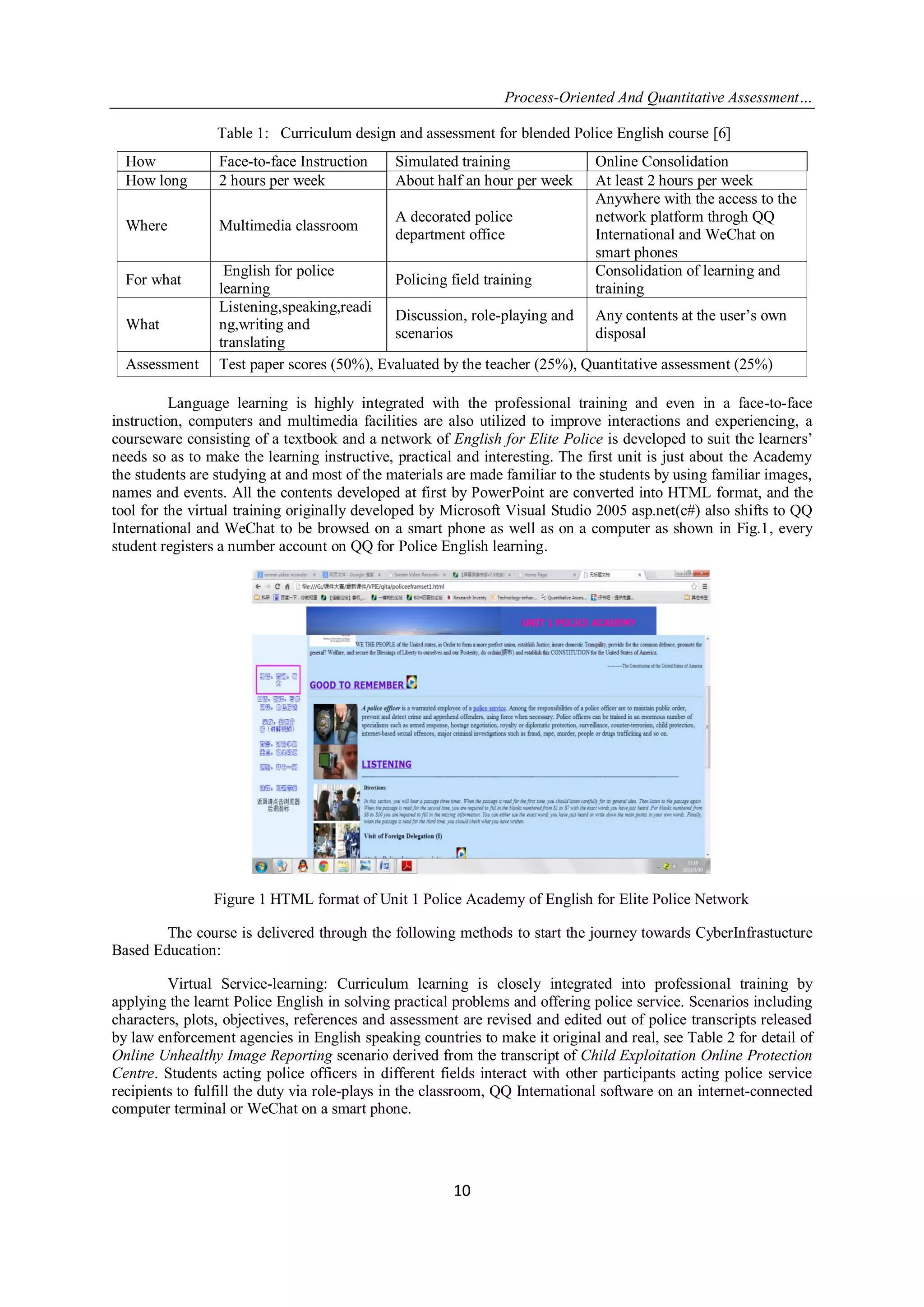 Process-Oriented And Quantitative Assessment…
10
Table 1: Curriculum design and assessment for blended Police English course [6]
How Face-to-face Instruction Simulated training Online Consolidation
How long 2 hours per week About half an hour per week At least 2 hours per week
Where Multimedia classroom
A decorated police
department office
Anywhere with the access to the
network platform throgh QQ
International and WeChat on
smart phones
For what
English for police
learning
Policing field training
Consolidation of learning and
training
What
Listening,speaking,readi
ng,writing and
translating
Discussion, role-playing and
scenarios
Any contents at the user‟s own
disposal
Assessment Test paper scores (50%), Evaluated by the teacher (25%), Quantitative assessment (25%)
Language learning is highly integrated with the professional training and even in a face-to-face
instruction, computers and multimedia facilities are also utilized to improve interactions and experiencing, a
courseware consisting of a textbook and a network of English for Elite Police is developed to suit the learners‟
needs so as to make the learning instructive, practical and interesting. The first unit is just about the Academy
the students are studying at and most of the materials are made familiar to the students by using familiar images,
names and events. All the contents developed at first by PowerPoint are converted into HTML format, and the
tool for the virtual training originally developed by Microsoft Visual Studio 2005 asp.net(c#) also shifts to QQ
International and WeChat to be browsed on a smart phone as well as on a computer as shown in Fig.1, every
student registers a number account on QQ for Police English learning.
Figure 1 HTML format of Unit 1 Police Academy of English for Elite Police Network
The course is delivered through the following methods to start the journey towards CyberInfrastucture
Based Education:
Virtual Service-learning: Curriculum learning is closely integrated into professional training by
applying the learnt Police English in solving practical problems and offering police service. Scenarios including
characters, plots, objectives, references and assessment are revised and edited out of police transcripts released
by law enforcement agencies in English speaking countries to make it original and real, see Table 2 for detail of
Online Unhealthy Image Reporting scenario derived from the transcript of Child Exploitation Online Protection
Centre. Students acting police officers in different fields interact with other participants acting police service
recipients to fulfill the duty via role-plays in the classroom, QQ International software on an internet-connected
computer terminal or WeChat on a smart phone.
 
