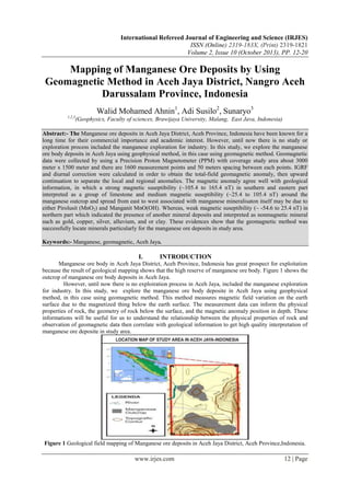 International Refereed Journal of Engineering and Science (IRJES)
ISSN (Online) 2319-183X, (Print) 2319-1821
Volume 2, Issue 10 (October 2013), PP. 12-20

Mapping of Manganese Ore Deposits by Using
Geomagnetic Method in Aceh Jaya District, Nangro Aceh
Darussalam Province, Indonesia
Walid Mohamed Ahnin1, Adi Susilo2, Sunaryo3
1,2,3

(Geophysics, Faculty of sciences, Brawijaya University, Malang, East Java, Indonesia)

Abstract:- The Manganese ore deposits in Aceh Jaya District, Aceh Province, Indonesia have been known for a
long time for their commercial importance and academic interest. However, until now there is no study or
exploration process included the manganese exploration for industry. In this study, we explore the manganese
ore body deposits in Aceh Jaya using geophysical method, in this case using geomagnetic method. Geomagnetic
data were collected by using a Precision Proton Magnetometer (PPM) with coverage study area about 3000
meter x 1500 meter and there are 1600 measurement points and 50 meters spacing between each points. IGRF
and diurnal correction were calculated in order to obtain the total-field geomagnetic anomaly, then upward
continuation to separate the local and regional anomalies. The magnetic anomaly agree well with geological
information, in which a strong magnetic suseptibility (~105.4 to 165.4 nT) in southern and eastern part
interpreted as a group of limestone and medium magnetic suseptibility (~25.4 to 105.4 nT) around the
manganese outcrop and spread from east to west associated with manganese mineralisaton itself may be due to
either Pirolusit (MnO2) and Manganit MnO(OH). Whereas, weak magnetic suseptibility (~ -54.6 to 25.4 nT) in
northern part which indicated the presence of another mineral deposits and interpreted as nonmagnetic mineral
such as gold, copper, silver, alluvium, and or clay. These evidences show that the geomagnetic method was
successfully locate minerals particularly for the manganese ore deposits in study area.
Keywords:- Manganese, geomagnetic, Aceh Jaya.

I.

INTRODUCTION

Manganese ore body in Aceh Jaya District, Aceh Province, Indonesia has great prospect for exploitation
because the result of geological mapping shows that the high reserve of manganese ore body. Figure 1 shows the
outcrop of manganese ore body deposits in Aceh Jaya.
However, until now there is no exploiration process in Aceh Jaya, included the manganese exploration
for industry. In this study, we explore the manganese ore body deposite in Aceh Jaya using geophysical
method, in this case using geomagnetic method. This method measures magnetic field variation on the earth
surface due to the magnetized thing below the earth surface. The measurement data can inform the physical
properties of rock, the geometry of rock below the surface, and the magnetic anomaly position in depth. These
informations will be useful for us to understand the relationship between the physical properties of rock and
observation of geomagnetic data then correlate with geological information to get high quality interpretation of
manganese ore deposite in study area.

Figure 1 Geological field mapping of Manganese ore deposits in Aceh Jaya District, Aceh Province,Indonesia.

www.irjes.com

12 | Page

 