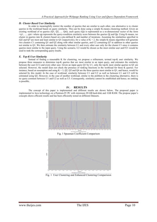 A Practical Approach for Webpage Ranking Using User and Query Dependent Framework
D. Cluster Based User Similarity
In order to meaningfully restrict the number of queries that are similar to each other, one alternative is to cluster
queries in the workload based on query similarity. This can be done using a simple K-means clustering method. Given an
existing workload of m queries (Q1, Q2, .... Qm), each query (Qj) is represented as a m-dimensional vector of the form
<sj1, ...., sjm> where sjp represents the query-condition similarity score between the queries Qj and Qp. Using K-means, we
cluster m queries into K clusters based on a pre-defined K and number of iterations. Assuming the similarities specified in
(Q2 and Q7 are most and least similar to Q1 respectively), for a value of K = 2, the simple K-means algorithm will generate
two clusters C1 containing Q1 and Q2 along with other similar queries, and C2 containing Q7 in addition to other queries
not similar to Q1. We then estimate the similarity between U1 and every other user only for the cluster C1 since it contains
queries most similar to the input query. Using the scenario, U2 would be chosen as the most similar user and F21 would be
used to rank the corresponding query results.

E. Top-K User Similarity
Instead of finding a reasonable K for clustering, we propose a refinement, termed top-K user similarity. We
propose three measures to determine top-K queries that are most similar to an input query, and estimates the similarity
between the user (U1) and every other user. Given an input query Q1 by U1, only the top-K most similar queries to Q1 are
selected. However, the model does not check the presence of ranking functions in the workload for these K queries. For
instance, based on assumption and using K = 3, Q2, Q3 and Q4 are the three queries most similar to Q1, and hence, would be
selected by this model. In the case of workload, similarity between U1 and U2 as well as between U1 and U3 will be
estimated using Q2. However, in the case of another workload, similar to the problem in the clustering alternative, there is
no query common between U1 and U2 as well as U3. Consequently, similarity cannot be established and hence, no ranking
is possible..

IV.

RESULTS

The concept of this paper is implemented and different results are shown below, The proposed paper is
implemented in Java technology on a Pentium-IV PC with minimum 20 GB hard-disk and 1GB RAM. The propose paper’s
concepts shows efficient results and has been efficiently tested on different Datasets.

Fig. 1 Speaman Coefficient Comparison

Fig. 1 User Clustering and Enhanced Clustering Comparision

www.theijes.com

The IJES

Page 10

 