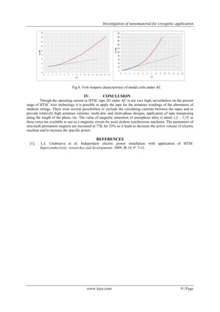 Investigation of nanomaterial for cryogenic application

Fig.8. Volt-Ampere characteristics of model coils under AC

IV.

CONCLUSION

Though the operating current in HTSC tape 2G under AC is not very high, nevertheless on the present
stage of HTSC wire technology it is possible to apply the tape for the armature windings of the alternators of
medium ratings. There exist several possibilities to exclude the circulating currents between the tapes and to
provide relatively high armature currents: multi-disc and multi-phase designs, application of tape transposing
along the length of the phase, etc. The value of magnetic saturation of amorphous alloy is about 1,2 – 1,3T so
these cores are available to use as a magnetic circuit for axial slotless synchronous machines. The parameters of
rera-earth permanent magnets are increased at 77K for 25% so it leads to decrease the active volume of electric
machine and to increase the specific power.

REFERENCES
[1].

L.I. Chubraeva et al. Independent electric power installation with application of HTSC
Superconductivity: researches and developments. 2009, № 14. P. 7-12.

www.irjes.com

9 | Page

 