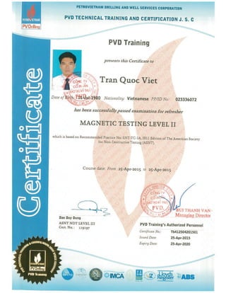 Certificate of Magnetic Particle Testing Inspector Level 2