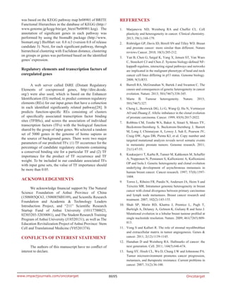 Oncotarget8695www.impactjournals.com/oncotarget
was based on the KEGG pathway map br08901 of BRITE
Functional Hierarchies in the database of KEGG (http://
www.genome.jp/kegg-bin/get_htext?br08901.keg). The
annotation of signiﬁcant genes in each pathway was
performed by using the biomaRt package (http://www.
biomart.org/) BioMart ver. 0.8 rc3 (version 0.8 of release
candidate 3). Next, for each signiﬁcant pathway, through
hierarchical clustering with Euclidean distance, clustering
on groups or genes was performed based on the identiﬁed
genes’ expression.
Regulatory elements and transcription factors of
coregulated genes
A web server called DiRE (Distant Regulatory
Elements of coexpressed genes, http://dire.dcode.
org/) were also used, which is based on the Enhancer
Identiﬁcation (EI) method, to predict common regulatory
elements (REs) for our input genes that have a cofunction
in each identiﬁed signiﬁcantly related pathway[28]. It
predicts function-speciﬁc REs consisting of clusters
of speciﬁcally associated transcription factor binding
sites (TFBSs), and scores the association of individual
transcription factors (TFs) with the biological function
shared by the group of input genes. We selected a random
set of 5000 genes in the genome of homo sapiens as
the source of background genes. There were two major
parameters of our predicted TFs: (1) TF occurrence for the
percentage of candidate regulatory elements containing
a conserved binding site for a particular TF and (2) TF
importance for the product of TF occurrence and TF
weight. To be included in our candidate associated TFs
with input gene sets, the value of TF importance should
be more than 0.05.
Acknowledgements
We acknowledge financial support by The Natural
Science Foundation of Anhui Province of China
(1508085QC63, 1508085MH189), and Scientific Research
Foundation and Academic & Technology Leaders
Introduction Project, and “211” Scientific Research
Startup Fund of Anhui University (10117700023,
02303203-32030081), and The Student Research Training
Program of Anhui University (J18520131), as well as The
Education Revitalization Project of Anhui Province: Stem
Cell and Translational Medicine (Y05201374).
Conflicts of Interest Statement
The authors of this manuscript have no conflict of
interest to declare.
References
1.	 Marjanovic ND, Weinberg RA and Chaffer CL. Cell
plasticity and heterogeneity in cancer. Clinical chemistry.
2013; 59(1):168-179.
2.	 Risbridger GP, Davis ID, Birrell SN and Tilley WD. Breast
and prostate cancer: more similar than different. Nature
reviews Cancer. 2010; 10(3):205-212.
3.	 Yan B, Chen G, Saigal K, Yang X, Jensen ST, Van Waes
C, Stoeckert CJ and Chen Z. Systems biology-defined NF-
kappaB regulons, interacting signal pathways and networks
are implicated in the malignant phenotype of head and neck
cancer cell lines differing in p53 status. Genome biology.
2008; 9(3):R53.
4.	 Burrell RA, McGranahan N, Bartek J and Swanton C. The
causes and consequences of genetic heterogeneity in cancer
evolution. Nature. 2013; 501(7467):338-345.
5.	Marte B. Tumour heterogeneity. Nature. 2013;
501(7467):327.
6.	 Cheng L, Bostwick DG, Li G, Wang Q, Hu N, Vortmeyer
AO and Zhuang Z. Allelic imbalance in the clonal evolution
of prostate carcinoma. Cancer. 1999; 85(9):2017-2022.
7.	 Robbins CM, Tembe WA, Baker A, Sinari S, Moses TY,
Beckstrom-Sternberg S, Beckstrom-Sternberg J, Barrett
M, Long J, Chinnaiyan A, Lowey J, Suh E, Pearson JV,
Craig DW, Agus DB, Pienta KJ, et al. Copy number and
targeted mutational analysis reveals novel somatic events
in metastatic prostate tumors. Genome research. 2011;
21(1):47-55.
8.	 Kuukasjarvi T, Karhu R, Tanner M, Kahkonen M, Schaffer
A, Nupponen N, Pennanen S, Kallioniemi A, Kallioniemi
OP and Isola J. Genetic heterogeneity and clonal evolution
underlying development of asynchronous metastasis in
human breast cancer. Cancer research. 1997; 57(8):1597-
1604.
9.	 Torres L, Ribeiro FR, Pandis N, Andersen JA, Heim S and
Teixeira MR. Intratumor genomic heterogeneity in breast
cancer with clonal divergence between primary carcinomas
and lymph node metastases. Breast cancer research and
treatment. 2007; 102(2):143-155.
10.	 Shah SP, Morin RD, Khattra J, Prentice L, Pugh T,
Burleigh A, Delaney A, Gelmon K, Guliany R and Senz J.
Mutational evolution in a lobular breast tumour profiled at
single nucleotide resolution. Nature. 2009; 461(7265):809-
813.
11.	 Vong S and Kalluri R. The role of stromal myofibroblast
and extracellular matrix in tumor angiogenesis. Genes &
cancer. 2011; 2(12):1139-1145.
12.	 Hanahan D and Weinberg RA. Hallmarks of cancer: the
next generation. Cell. 2011; 144(5):646-674.
13.	 Sung SY, Hsieh CL, Wu D, Chung LW and Johnstone PA.
Tumor microenvironment promotes cancer progression,
metastasis, and therapeutic resistance. Current problems in
cancer. 2007; 31(2):36-100.
 