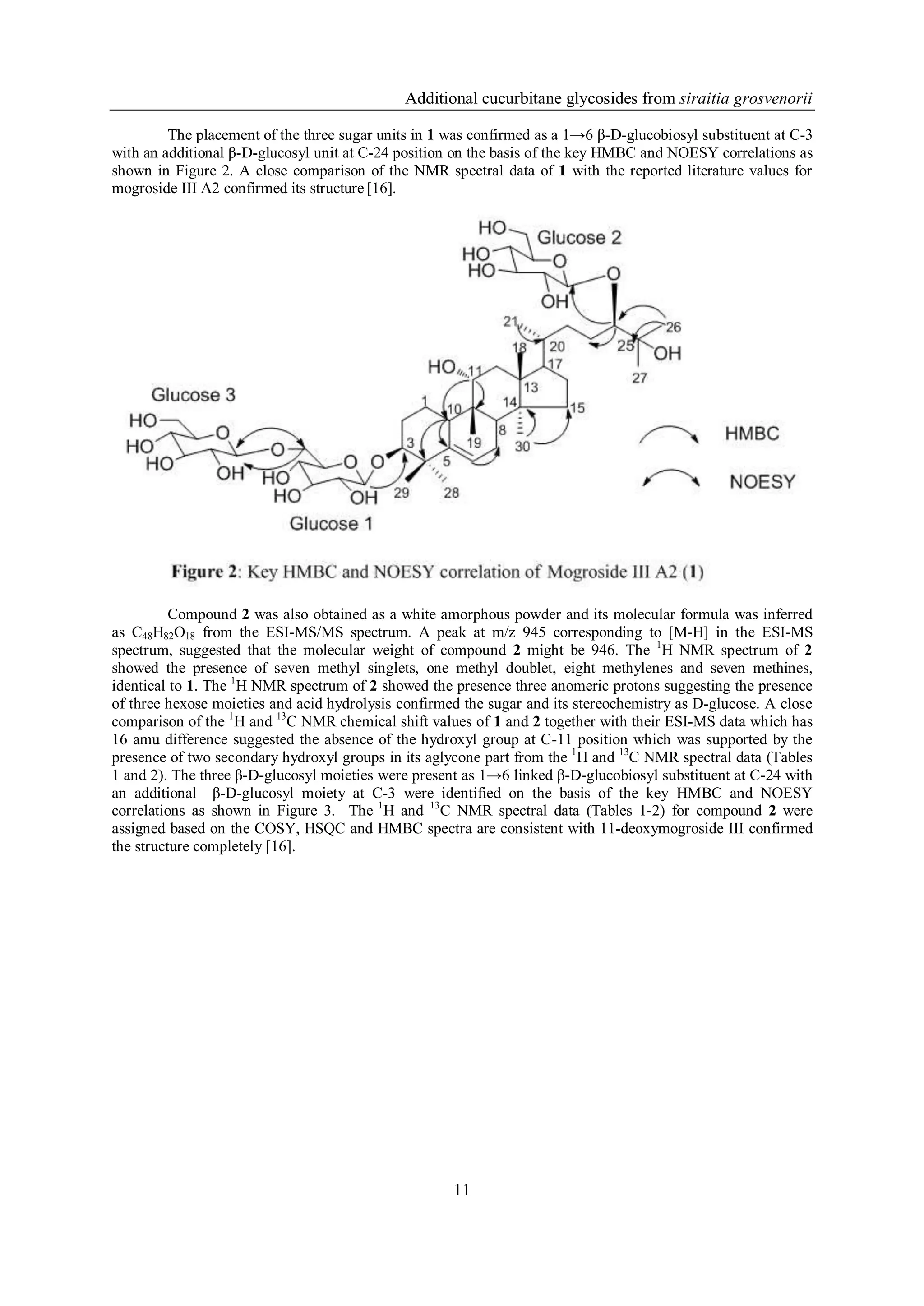 Additional cucurbitane glycosides from siraitia grosvenorii

         The placement of the three sugar units in 1 was confirmed as a 1→6 β-D-glucobiosyl substituent at C-3
with an additional β-D-glucosyl unit at C-24 position on the basis of the key HMBC and NOESY correlations as
shown in Figure 2. A close comparison of the NMR spectral data of 1 with the reported literature values for
mogroside III A2 confirmed its structure [16].




          Compound 2 was also obtained as a white amorphous powder and its molecular formula was inferred
as C48H82O18 from the ESI-MS/MS spectrum. A peak at m/z 945 corresponding to [M-H] in the ESI-MS
spectrum, suggested that the molecular weight of compound 2 might be 946. The 1H NMR spectrum of 2
showed the presence of seven methyl singlets, one methyl doublet, eight methylenes and seven methines,
identical to 1. The 1H NMR spectrum of 2 showed the presence three anomeric protons suggesting the presence
of three hexose moieties and acid hydrolysis confirmed the sugar and its stereochemistry as D-glucose. A close
comparison of the 1H and 13C NMR chemical shift values of 1 and 2 together with their ESI-MS data which has
16 amu difference suggested the absence of the hydroxyl group at C-11 position which was supported by the
presence of two secondary hydroxyl groups in its aglycone part from the 1H and 13C NMR spectral data (Tables
1 and 2). The three β-D-glucosyl moieties were present as 1→6 linked β-D-glucobiosyl substituent at C-24 with
an additional β-D-glucosyl moiety at C-3 were identified on the basis of the key HMBC and NOESY
correlations as shown in Figure 3. The 1H and 13C NMR spectral data (Tables 1-2) for compound 2 were
assigned based on the COSY, HSQC and HMBC spectra are consistent with 11-deoxymogroside III confirmed
the structure completely [16].




                                                     11
 