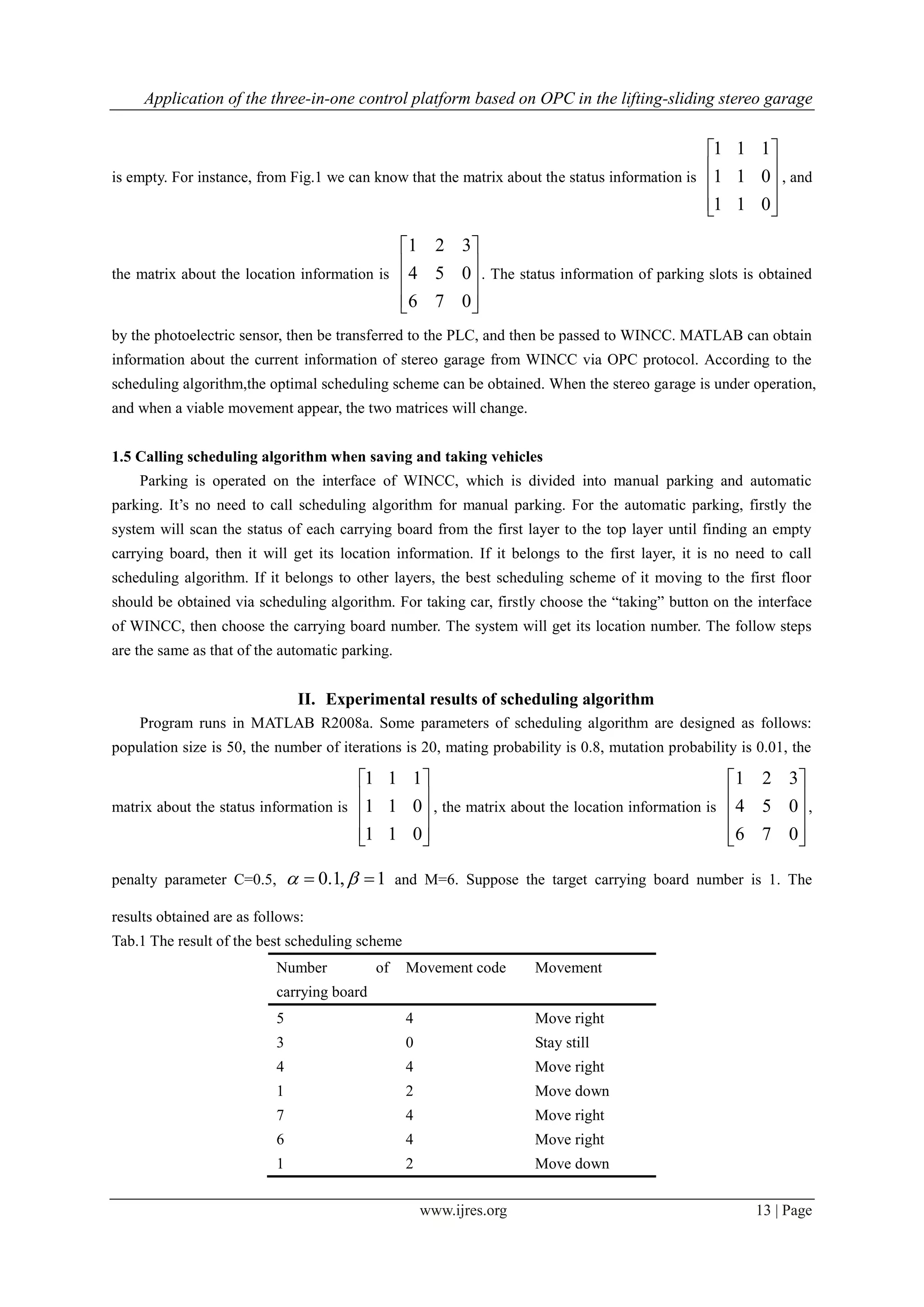 Application of the three-in-one control platform based on OPC in the lifting-sliding stereo garage
www.ijres.org 13 | Page
is empty. For instance, from Fig.1 we can know that the matrix about the status information is










011
011
111
, and
the matrix about the location information is










076
054
321
. The status information of parking slots is obtained
by the photoelectric sensor, then be transferred to the PLC, and then be passed to WINCC. MATLAB can obtain
information about the current information of stereo garage from WINCC via OPC protocol. According to the
scheduling algorithm,the optimal scheduling scheme can be obtained. When the stereo garage is under operation,
and when a viable movement appear, the two matrices will change.
1.5 Calling scheduling algorithm when saving and taking vehicles
Parking is operated on the interface of WINCC, which is divided into manual parking and automatic
parking. It’s no need to call scheduling algorithm for manual parking. For the automatic parking, firstly the
system will scan the status of each carrying board from the first layer to the top layer until finding an empty
carrying board, then it will get its location information. If it belongs to the first layer, it is no need to call
scheduling algorithm. If it belongs to other layers, the best scheduling scheme of it moving to the first floor
should be obtained via scheduling algorithm. For taking car, firstly choose the “taking” button on the interface
of WINCC, then choose the carrying board number. The system will get its location number. The follow steps
are the same as that of the automatic parking.
II. Experimental results of scheduling algorithm
Program runs in MATLAB R2008a. Some parameters of scheduling algorithm are designed as follows:
population size is 50, the number of iterations is 20, mating probability is 0.8, mutation probability is 0.01, the
matrix about the status information is










011
011
111
, the matrix about the location information is










076
054
321
,
penalty parameter C=0.5, 1,1.0   and M=6. Suppose the target carrying board number is 1. The
results obtained are as follows:
Tab.1 The result of the best scheduling scheme
Number of
carrying board
Movement code Movement
5 4 Move right
3 0 Stay still
4 4 Move right
1 2 Move down
7 4 Move right
6 4 Move right
1 2 Move down
 