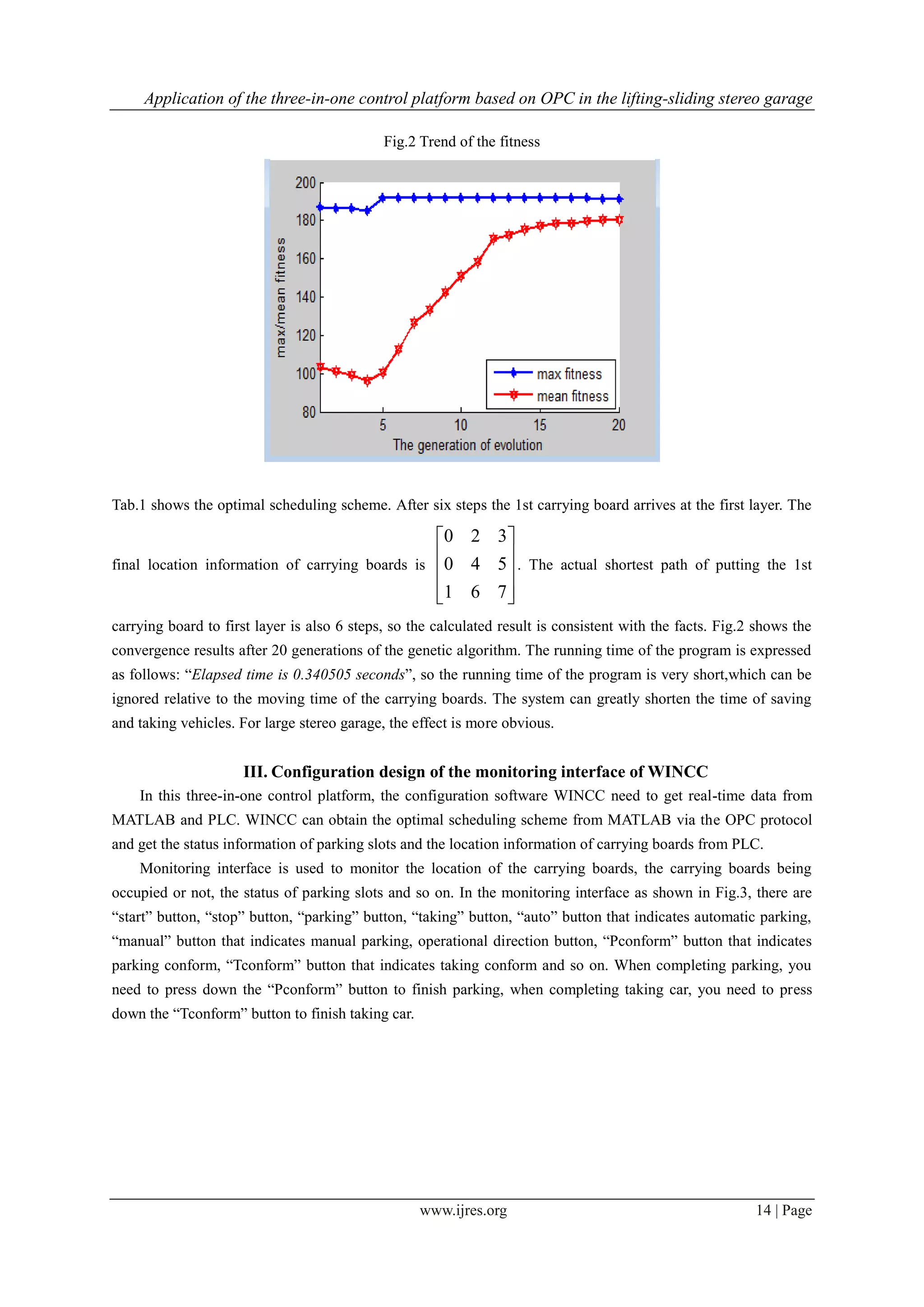 Application of the three-in-one control platform based on OPC in the lifting-sliding stereo garage
www.ijres.org 14 | Page
Fig.2 Trend of the fitness
Tab.1 shows the optimal scheduling scheme. After six steps the 1st carrying board arrives at the first layer. The
final location information of carrying boards is










761
540
320
. The actual shortest path of putting the 1st
carrying board to first layer is also 6 steps, so the calculated result is consistent with the facts. Fig.2 shows the
convergence results after 20 generations of the genetic algorithm. The running time of the program is expressed
as follows: “Elapsed time is 0.340505 seconds”, so the running time of the program is very short,which can be
ignored relative to the moving time of the carrying boards. The system can greatly shorten the time of saving
and taking vehicles. For large stereo garage, the effect is more obvious.
III. Configuration design of the monitoring interface of WINCC
In this three-in-one control platform, the configuration software WINCC need to get real-time data from
MATLAB and PLC. WINCC can obtain the optimal scheduling scheme from MATLAB via the OPC protocol
and get the status information of parking slots and the location information of carrying boards from PLC.
Monitoring interface is used to monitor the location of the carrying boards, the carrying boards being
occupied or not, the status of parking slots and so on. In the monitoring interface as shown in Fig.3, there are
“start” button, “stop” button, “parking” button, “taking” button, “auto” button that indicates automatic parking,
“manual” button that indicates manual parking, operational direction button, “Pconform” button that indicates
parking conform, “Tconform” button that indicates taking conform and so on. When completing parking, you
need to press down the “Pconform” button to finish parking, when completing taking car, you need to press
down the “Tconform” button to finish taking car.
 