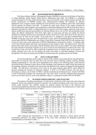 Water Recycle And Reuse – A Case Study…
III.

BACKGROUND OF PROPOSAL

The Narsee Monjee Institute of Management Studies (NMIMS) is located at the left bank of Tapi River
at village Babhulde, Taluka Shirpur, Dhule District, Maharashtra State India. The NMIMS is a residential
campus developed in 48 acres of land and provides a state of art facilities to the students, faculty and staff. The
present infrastructure of NMIMS includes main administrational building, the buildings for different
departments, boys’ and girls’ hostels, buildings for some amenities such as gymkhana, banks and a small market
and the quarters for faculties and staffs. At present the waste water system of the campus includes the
conventional septic tanks designed as per requirement of individual building and the effluent from these tanks is
disposed in the soak pits, which is a traditional practice in the area. In the rainy seasons, especially in the case of
intense rainfall these soak pits pose problems by rejecting effluent due to rise in GWT and uncontrolled runoff.
Again, the effluent characteristics from these septic tanks are quite poor and does not comply the desired
standards for disposal and thus may contaminate the surface water of river Tapi, which flows by the side and is
the main source of water for the campus. At the same time it is obligatory on the part of administration of
NMIMS to treat the waste water up to the desired level as per norms and standard laid by the state pollution
control board (SPCB) of Maharashtra state. Hence, Waste Water Treatment Plant (WWTP) with treatment units
to treat the waste water as per requirement of SPCB of Maharashtra is proposed for campus. A complete study
of the water demand pattern and waste water generation in the campus is done. The potential areas where the
treated waste water can be reused along with the demand in those areas are also studied. The study resulted that
the major demand of landscape irrigation of 25 acres of land can be satisfied by the treated waste water. The
treated waste water may also be used to fulfill the evaporation losses of artificial lakes in the premises. The
another potential area is the use for flushing the toilets and urinals in individual buildings, however this
arrangement will require the laying and installation of separate pipe line, pumping system and storage.

IV.

DATA COLLECTION

The present population of the campus is around 2100, residing in the campus hostels and staff quarters.
The people are using the water for their day to day activities such as drinking, cooking, washing, flushing,
bathing, housekeeping etc. The other water requirement in the campus is for swimming pools, water fountains
and artificial lakes, cleaning of roads, floors of office buildings, some laboratories, public toilets and urinals and
the landscape irrigation. According to the master plan, the facilities in the campus are planned for the population
of 6000. The Tapi River is the source of raw water for the water treatment plant (WTP), which fulfills the
demand including the demand for landscape irrigation. A WTP of 1.50 MLD (millions liters per day) is
functioning in campus, out of which 1.0 MLD is used for residential and institutional sector, whereas 0.50 MLD
is used for landscape irrigation and swimming pool. The water which is used for residential and institutional
sectors are the main source for waste water generation. Hence, it is proposed to install a STP of 0.90 MLD.

V.

WASTEWATER SAMPLING AND ANALYSIS

The purpose of sampling and analysis is to find out the constituents of the waste water and to plan and
design the various unit operations required for treatment. The composite sampling of the waste water is done at
various outlet locations. The collected samples are properly marked and tested in the chemistry and
environmental engineering laboratory as per standard practice and procedure. The characteristics of waste water
collected at different sources are shown in Table 1.
Table – 1 : Characteristics of Waste Water
Parameters

Unit

pH
BOD5
COD
Total Suspended Solids
Total Kjeldahl Nitrogen
Total Phosphorus
Oil and Grease
Sewage Temperature

mg/L
mg/L
mg/L
mg/L
mg/L
mg/L
O
C

Admin.
Bldg.
6.5
260
485
380
48
7
22
28

Civil
Wing
6.8
255
481
375
45
6
21
26

Boys
Hostel
8.1
310
520
448
42
5
25
30

Girls
Hostel
7.8
322
510
415
38
5
24
29

Staff
Quarters
8.4
318
498
416
35
6
25
28

After analyzing the characteristics of waste water samples collected at various places and the
surrounding parameters, the design parameters of the waste water considered for designing wastewater
treatment plant are mentioned in Table – 2.
Table -2 : Wastewater Characteristics for Design of WWTP

www.ijesi.org

12 | Page

 