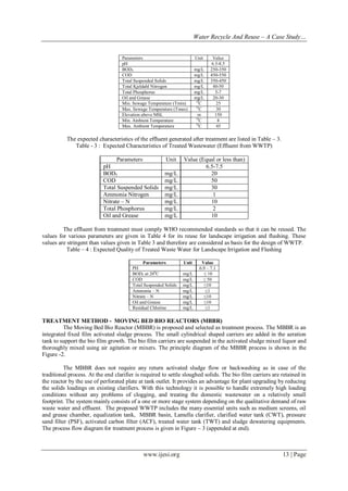 Water Recycle And Reuse – A Case Study…

Parameters
pH
BOD5
COD
Total Suspended Solids
Total Kjeldahl Nitrogen
Total Phosphorus
Oil and Grease
Min. Sewage Temperature (Tmin)
Max. Sewage Temperature (Tmax)
Elevation above MSL
Min. Ambient Temperature
Max. Ambient Temperature

Unit
mg/L
mg/L
mg/L
mg/L
mg/L
mg/L
O
C
O
C
m
O
C
O
C

Value
6.5-8.5
250-350
450-550
350-450
40-50
5-7
20-30
25
30
150
8
45

The expected characteristics of the effluent generated after treatment are listed in Table – 3.
Table - 3 : Expected Characteristics of Treated Wastewater (Effluent from WWTP)
Parameters
pH
BOD5
COD
Total Suspended Solids
Ammonia Nitrogen
Nitrate – N
Total Phosphorus
Oil and Grease

Unit
mg/L
mg/L
mg/L
mg/L
mg/L
mg/L
mg/L

Value (Equal or less than)
6.5-7.5
20
50
30
1
10
2
10

The effluent from treatment must comply WHO recommended standards so that it can be reused. The
values for various parameters are given in Table 4 for its reuse for landscape irrigation and flushing. These
values are stringent than values given in Table 3 and therefore are considered as basis for the design of WWTP.
Table – 4 : Expected Quality of Treated Waste Water for Landscape Irrigation and Flushing
Parameters
PH
BOD5 at 200C
COD
Total Suspended Solids
Ammonia – N
Nitrate – N
Oil and Grease
Residual Chlorine

Unit
mg/L
mg/L
mg/L
mg/L
mg/L
mg/L
mg/L

Value
6.9 – 7.1
≤ 10
≤ 50
≤10
≤1
≤10
≤10
≤1

TREATMENT METHOD - MOVING BED BIO REACTORS (MBBR)
The Moving Bed Bio Reactor (MBBR) is proposed and selected as treatment process. The MBBR is an
integrated fixed film activated sludge process. The small cylindrical shaped carriers are added in the aeration
tank to support the bio film growth. The bio film carriers are suspended in the activated sludge mixed liquor and
thoroughly mixed using air agitation or mixers. The principle diagram of the MBBR process is shown in the
Figure -2.
The MBBR does not require any return activated sludge flow or backwashing as in case of the
traditional process. At the end clarifier is required to settle sloughed solids. The bio film carriers are retained in
the reactor by the use of perforated plate at tank outlet. It provides an advantage for plant upgrading by reducing
the solids loadings on existing clarifiers. With this technology it is possible to handle extremely high loading
conditions without any problems of clogging, and treating the domestic wastewater on a relatively small
footprint. The system mainly consists of a one or more stage system depending on the qualitative demand of raw
waste water and effluent. The proposed WWTP includes the many essential units such as medium screens, oil
and grease chamber, equalization tank, MBBR basin, Lamella clarifier, clarified water tank (CWT), pressure
sand filter (PSF), activated carbon filter (ACF), treated water tank (TWT) and sludge dewatering equipments.
The process flow diagram for treatment process is given in Figure – 3 (appended at end).

www.ijesi.org

13 | Page

 