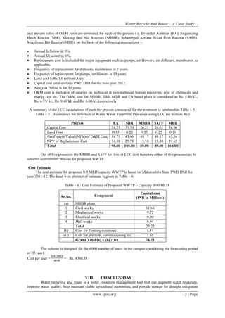 Water Recycle And Reuse – A Case Study…
and present value of O&M costs are estimated for each of the process i.e. Extended Aeration (EA), Sequencing
Batch Reactor (SBR), Moving Bed Bio Reactors (MBBR), Submerged Aerobic Fixed Film Reactor (SAFF),
Membrane Bio Reactor (MBR), on the basis of the following assumptions –










Annual Inflation @ 6%.
Annual Discount @ 6%.
Replacement cost is included for major equipment such as pumps, air blowers, air diffusers, membranes as
applicable.
Frequency of replacement for diffusers, membranes is 7 years.
Frequency of replacement for pumps, air blowers is 15 years.
Land cost is Rs.1.0 million/Acre.
Capital cost is taken from PWD DSR for the base year 2012.
Analysis Period is for 30 years.
O&M cost is inclusive of salaries on technical & non-technical human resources, cost of chemicals and
energy cost etc. The O&M cost for MBBR, SBR, MBR and EA based plant is considered as Rs. 5.40/kL,
Rs. 4.75/ kL, Rs. 9.40/kL and Rs. 6.00/kL respectively.
A summary of the LCC calculations of each the process considered for the treatment is tabulated in Table – 5.
Table – 5 : Economics for Selection of Waste Water Treatment Processes using LCC (in Million Rs.)
Process
Capital Cost
Land Cost
Net Present Value (NPV) of O&M Cost
NPV of Replacement Cost
Total

EA
28.75
0.33
54.75
14.38
98.00

SBR
35.70
0.22
43.06
25.78
105.00

MBBR
26.21
0.25
49.17
13.10
89.00

SAFF
26.61
0.25
49.17
13.30
89.00

MBR
38.90
0.20
85.56
39.62
164.00

Out of five processes the MBBR and SAFF has lowest LCC cost therefore either of this process can be
selected as treatment process for proposed WWTP.
Cost Estimate
The cost estimate for proposed 0.9 MLD capacity WWTP is based on Maharashtra State PWD DSR for
year 2011-12. The head wise abstract of estimate is given in Table – 6.
Table – 6 : Cost Estimate of Proposed WWTP – Capacity 0.90 MLD
Sr.No.

Component

(a)
1
2
3
4

MBBR plant
Civil works
Mechanical works
Electrical works
I&C works
Total
Cost for Tertiary treatment
Cost for erection, commissioning etc.
Grand Total (a) + (b) + (c)

(b)
(C)

Capital cost
(INR in Millions)
11.66
9.72
0.90
0.94
23.22
1.34
1.65
26.21

The scheme is designed for the 6000 number of users in the campus considering the forecasting period
of 30 years.
Cost per user =
= Rs. 4368.33

VIII.

CONCLUSIONS

Water recycling and reuse is a water resources management tool that can augment water resources,
improve water quality, help maintain viable agricultural economies, and provide storage for drought mitigation

www.ijesi.org

15 | Page

 