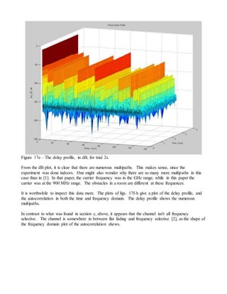 Figure 17e – The delay profile, in dB, for trial 2s.
From the dB plot, it is clear that there are numerous multipaths. This makes sense, since the
experiment was done indoors. One might also wonder why there are so many more multipaths in this
case than in [1]. In that paper, the carrier frequency was in the GHz range, while in this paper the
carrier was at the 900 MHz range. The obstacles in a room are different at these frequences.
It is worthwhile to inspect this data more. The plots of figs. 17f-h give a plot of the delay profile, and
the autocorrelation in both the time and frequency domain. The delay profile shows the numerous
multipaths.
In contrast to what was found in section c, above, it appears that the channel isn't all frequency
selective. The channel is somewhere in between flat fading and frequency selective [2], as the shape of
the frequency domain plot of the autocorrelation shows.
 