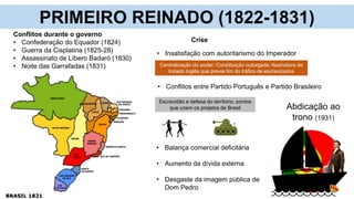 PRIMEIRO REINADO (1822-1831)
• Balança comercial deficitária
• Aumento da dívida externa
• Desgaste da imagem pública de
Dom Pedro
Conflitos durante o governo
• Confederação do Equador (1824)
• Guerra da Cisplatina (1825-28)
• Assassinato de Líbero Badaró (1830)
• Noite das Garrafadas (1831)
Abdicação ao
trono (1931)
Escravidão e defesa do território: pontos
que unem os projetos de Brasil
Centralização do poder; Constituição outorgada; Assinatura de
tratado inglês que previa fim do tráfico de escravizados
Crise
• Conflitos entre Partido Português e Partido Brasileiro
• Insatisfação com autoritarismo do Imperador
 