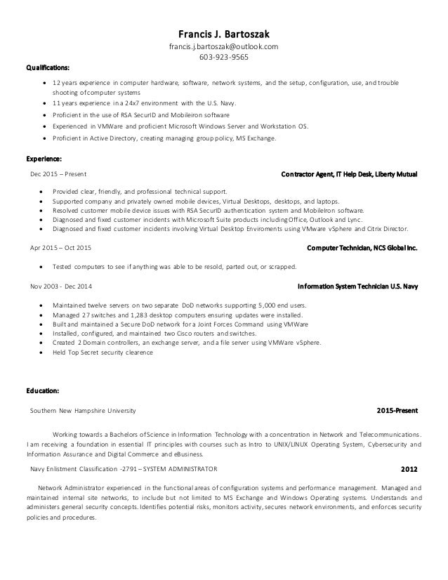 Francis Bartozak Network Admin Resume