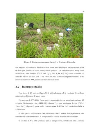 39
Figura 5: Pastagem com grama da espécie Brachiara Brizantha.
não irrigado. O campo foi fertilizado duas vezes, uma tão logo o arroz nasceu e outra
60 dias após, quando as folhas começaram a aparecer. Em ambos os casos, 50Kg/ha de
fertilizante à base de uréia (8% N, 28% P2O5, 16% K2O, 0,3% Zn) foram utilizados. O
arroz foi ceifado nos dias 13 e 14 de Junho de 2002. Este sítio experimental está ativo
desde setembro de 2000, realizando medidas contínuas.
3.2 Instrumentação
Uma torre de 28 metros, (gura 6), é utilizada para coleta contínua, de medidas
micrometeorológicas e de gases traço.
Um sistema de CT (Eddy Covariance), constituído de um anemômetro sônico 3D
(Applied Technologies, Inc, SATI/3K), (gura 7), e um analizador de gás (IRGA,
Licor 6262), (gura 8), para medir concentrações de CO2 e H2O, estão instalados a
8,75 metros.
O tubo para o analizador de CO2 turbulento, tem 2 metros de comprimento, com
diâmetro de 0,64 centímetros. A integridade do tubo é checada semanalmente.
O sistema de CT está apontado para a direção leste, devido ser esta a direção
 