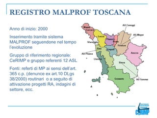 REGISTRO MALPROF TOSCANA
Anno di inizio: 2000
Inserimento tramite sistema
MALPROF seguendone nel tempo
l’evoluzione
Gruppo di riferimento regionale:
CeRIMP e gruppo referenti 12 ASL
Fonti: referti di MP ai sensi dell’art.
365 c.p. (denunce ex art.10 DLgs
38/2000) routinari o a seguito di
attivazione progetti RA, indagini di
settore, ecc.
 