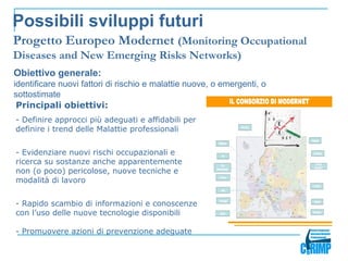 Possibili sviluppi futuri
Progetto Europeo Modernet (Monitoring Occupational
Diseases and New Emerging Risks Networks)
Obiettivo generale:
identificare nuovi fattori di rischio e malattie nuove, o emergenti, o
sottostimate
 Principali obiettivi:
- Definire approcci più adeguati e affidabili per
definire i trend delle Malattie professionali


- Evidenziare nuovi rischi occupazionali e
ricerca su sostanze anche apparentemente
non (o poco) pericolose, nuove tecniche e
modalità di lavoro


- Rapido scambio di informazioni e conoscenze
con l’uso delle nuove tecnologie disponibili

- Promuovere azioni di prevenzione adeguate
 
