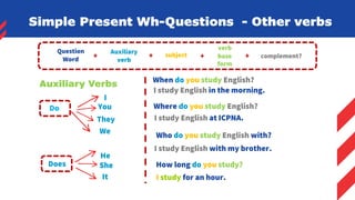 Do
I
You
They
We
Does
He
She
It
Auxiliary Verbs
complement?
+
subject
+
Auxiliary
verb
+
verb
base
form
Question
Word +
When do you study English?
Where do you study English?
Who do you study English with?
I study English in the morning.
I study English at ICPNA.
I study English with my brother.
Simple Present Wh-Questions - Other verbs
How long do you study?
I study for an hour.
 