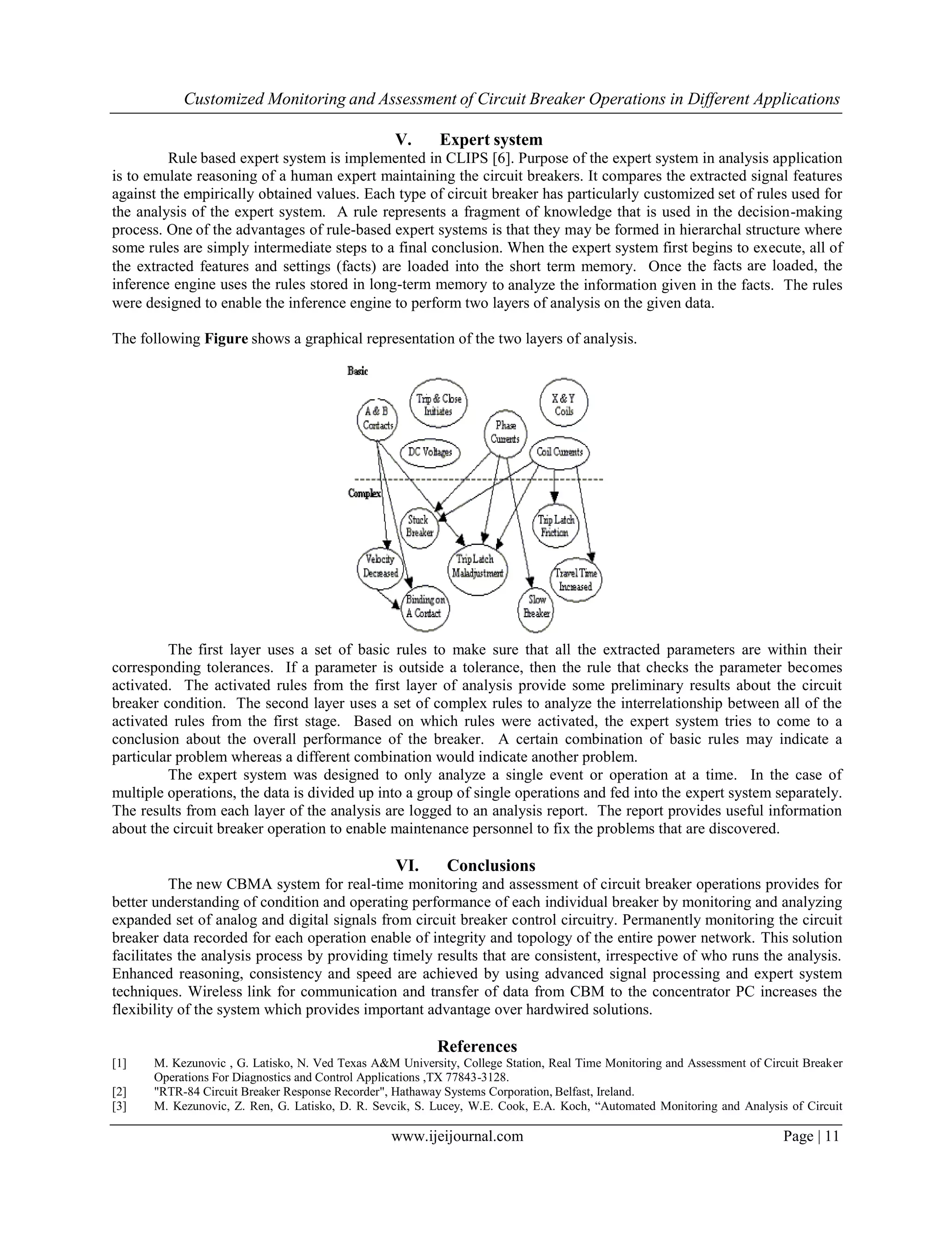 Customized Monitoring and Assessment of Circuit Breaker Operations in Different Applications
www.ijeijournal.com Page | 11
V. Expert system
Rule based expert system is implemented in CLIPS [6]. Purpose of the expert system in analysis application
is to emulate reasoning of a human expert maintaining the circuit breakers. It compares the extracted signal features
against the empirically obtained values. Each type of circuit breaker has particularly customized set of rules used for
the analysis of the expert system. A rule represents a fragment of knowledge that is used in the decision-making
process. One of the advantages of rule-based expert systems is that they may be formed in hierarchal structure where
some rules are simply intermediate steps to a final conclusion. When the expert system first begins to execute, all of
the extracted features and settings (facts) are loaded into the short term memory. Once the facts are loaded, the
inference engine uses the rules stored in long-term memory to analyze the information given in the facts. The rules
were designed to enable the inference engine to perform two layers of analysis on the given data.
The following Figure shows a graphical representation of the two layers of analysis.
The first layer uses a set of basic rules to make sure that all the extracted parameters are within their
corresponding tolerances. If a parameter is outside a tolerance, then the rule that checks the parameter becomes
activated. The activated rules from the first layer of analysis provide some preliminary results about the circuit
breaker condition. The second layer uses a set of complex rules to analyze the interrelationship between all of the
activated rules from the first stage. Based on which rules were activated, the expert system tries to come to a
conclusion about the overall performance of the breaker. A certain combination of basic rules may indicate a
particular problem whereas a different combination would indicate another problem.
The expert system was designed to only analyze a single event or operation at a time. In the case of
multiple operations, the data is divided up into a group of single operations and fed into the expert system separately.
The results from each layer of the analysis are logged to an analysis report. The report provides useful information
about the circuit breaker operation to enable maintenance personnel to fix the problems that are discovered.
VI. Conclusions
The new CBMA system for real-time monitoring and assessment of circuit breaker operations provides for
better understanding of condition and operating performance of each individual breaker by monitoring and analyzing
expanded set of analog and digital signals from circuit breaker control circuitry. Permanently monitoring the circuit
breaker data recorded for each operation enable of integrity and topology of the entire power network. This solution
facilitates the analysis process by providing timely results that are consistent, irrespective of who runs the analysis.
Enhanced reasoning, consistency and speed are achieved by using advanced signal processing and expert system
techniques. Wireless link for communication and transfer of data from CBM to the concentrator PC increases the
flexibility of the system which provides important advantage over hardwired solutions.
References
[1] M. Kezunovic , G. Latisko, N. Ved Texas A&M University, College Station, Real Time Monitoring and Assessment of Circuit Breaker
Operations For Diagnostics and Control Applications ,TX 77843-3128.
[2] "RTR-84 Circuit Breaker Response Recorder", Hathaway Systems Corporation, Belfast, Ireland.
[3] M. Kezunovic, Z. Ren, G. Latisko, D. R. Sevcik, S. Lucey, W.E. Cook, E.A. Koch, “Automated Monitoring and Analysis of Circuit
 