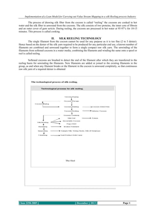 Implementation of a Lean Model for Carrying out Value Stream Mapping in a silk Reeling process Industry
The process of drawing silk fiber from the cocoon is called “reeling” the cocoons are cooked in hot
water and the silk fiber in unwound from the cocoons. The silk consists of two proteins, the inner core of fibroin
and an outer cover of gum sericin. During reeling, the cocoons are processed in hot water at 95-97°c for 10-15
minutes. This process is called cooking.

II.

SILK REELING TECHNOLOGY

The single filament from the cocoon cannot be used for any purpose as it is too fine (2 to 3 denier).
Hence based on the denier of the silk yarn required to be produced for any particular end use, a known number of
filaments are combined and unwound together to form a single compact raw silk yarn. The unwinding of the
filaments from softened cocoons in a water media, combining the filaments and winding the same onto a spool or
reel is called reeling.
Softened cocoons are brushed to detect the end of the filament after which they are transferred to the
reeling basin for unwinding the filaments. New filaments are added or joined to the existing filaments in the
group, as and when any filament breaks or the filament in the cocoon is unwound completely, so that continuous
raw silk yarn of a required denier is obtained

|| Issn 2250-3005 ||

|| December || 2013 ||

Page 8

 