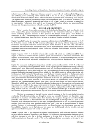 Controlling Factors of Groundwater Chemistry in the Benin Formation of Southern Nigeria
www.ijesi.org 13 | Page
indicates intense influence by the process while zero score shows areas with only moderate effect of the process.
The combining of two chemically similar elements such as Na+
and K+
, HCO3
-
and CO3
-
in the process of
classification as obtained in Piper, Durov, Schoeller and Stiff diagram has been overcome by factor analysis.
The impact of each element to the overall pollution is better understood using factor analysis techniques. Also
physical parameters such as pH, temperature and colour as well as heavy metals are now used in categorizing
the water quality. Furthermore, factor analysis has the capacity of handling, reducing and grouping of large
chemical data that appear cumbersome to handle (Amadi et al., 2010).
III. RESULT AND DISCUSSION
Table 1 contains the univariate overview of the hydrochemical data of the study area. Results of the
factor analysis of the groundwater chemistry data (n=50) shows five trends (factors) that can be related to the
various controlling processes presumed to have produced the different water species. These factors are
summarized in Table 2. The loading of the variables on each factor and the percentage (%) of the data variance
are explained in each factor. These five factors accounts for 86.43& of the total variance in the data set.
Factor 1 has a high loading for conductivity, magnesium and total dissolved solid (TDS) and accounts for 32.53
% of the total variance (Table 2). TDS comprises of inorganic salt majorly calcium, magnesium, sodium,
bicarbonate, and sulphate and small amount of organic matter dissolved in the water. The TDS and the
conductivity are as a result of the dissolution of these ions in the water through natural means in the course of
groundwater movement or anthropogenic means via leachate migration from soakaway, pit-latrine, dumpsites
and industrial wastes.
Factor 2 expalins 19.418 % of the total variance and it includes pH, salinity and total hardness (TH). These
suggest an intrusion of seawater into the aquiferous system which increases its salt content and hardness. The
saltwater incursion into the coastal plain-sand aquifer can be attributed to the aquifer recharge from the tide-
influenced Imo River in the area which induces saltwater infiltration into the area (Amadi and Olasehinde,
2008).
Factor 3 is a moderate loading from temperature, turbidity and iron and constitutes 17.676 % of the total
variance. The proximity of the Niger Delta to the sea favours high precipitation and relative humidity (Olobaniyi
and Owoyemi, 2006). This coupled with temperature in the area encourages rapid chemical weathering, which
leads to the formation of lateritic soils in the area. They are characterized by the presence of iron and aluminum
oxides or hydroxides, particularly those of iron, which give the reddish-brown or yellow colour to the soil.
Furthermore, at the Owerri end of the study area, where the Benin Formation is underlie by the Ogwashi-Asaba
Formation which is composed of shale, clay and lignite. Around Imo Concorde Hotel, Owerri, high iron content
in the groundwater was traceable to the presence of marcasite in the shale and lignite horizons of the Ogwashi-
Asaba Formation. The mineral marcasite is iron sulfide (FeS2) with orthorhombic crystal structure. It is
physically and crystallographically distinct from pyrite, which is iron sulfide with cubic crystal structure.
Marcasite is soluble and more brittle than pyrite and easily breaks up due to the unstable crystal structure and
this explains its avaliable in the groundwater system in the area. Studies revealed that marcasite occurs in
sedimentary rocks (shales and low grade coals horizons) as well as in highly acidic conditions. The marcasite is
likely from the shale and coal seams of the Ogwashi-Asaba Formation and low pH in the area enhances its
enrichment in the groundwater system through high rate of infiltration due to heavy rainfall in the area.
The iron in groundwater is leached from the minerals contained in the Ogwashi-Asaba Foirmation
overlain the Benin Formation in the area through the porous and permeable formation into the shallow water
table below it. Leachate of metallic object from dumpsite also migrates through the unconfined highly
permeable sandy formation to the water table. Iron may also be present in drinking water as a result of iron
coagulants or the corrosion of steel and cast iron pipes during water distribution as well as weathering process of
minerals. Iron is one of the most abundant metals in the earth’s crust and an essential element in human
nutrition. Estimates of minimum daily requirement for iron depend on age, sex, physiological status and iron
bioavailability. Excessive iron in the body does not present any health hazard, only the turbidity, taste and
appearance of the drinking water will usually be affected.
Factor 4 explains 9.898 % and comprises of sulphate, nitrate and nitrite. Both nitrate and nitrite are naturally
occurring ions that are part of the nitrogen cycle (Egboka, 1985). However, the concentration of sulphate, nitrate
and nitrite increases in water due to fertilizer application in farming. Soils in the area are still fertile and
fertilizer application in the area is very low. This is why sulphate and nitrate concentration in the water is very
 