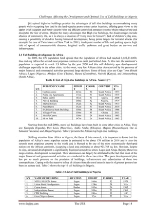 Challenges Affecting the Development and Optimal Use of Tall Buildings in Nigeria
www.theijes.com The IJES Page 14
[6] opined high-rise buildings provide the advantages of tall slim buildings accommodating many
people while occupying less land in the land-scarcity prone urban canter locations, offering great views to the
upper level occupant and better security with the efficient controlled entrance systems which reduce crime and
dissipates the fear of crime. Despite the many advantages that High-rise buildings, the disadvantages include
absence of community life, as it is always a situation of “every man for himself”, lack of children’s play area,
causing a possibility of children having hindered development, being prime targets for terrorist attacks (for
example the case of Twin towers of New York in 2001), inadequate number of lifts and parking spaces, high
risk of spread of communicable diseases, heighted traffic problems and great burden on services and
infrastructure.
2.1 Tall building development in Africa
In 2009, the UN population fund opined that the population of Africa had reached 1,022,234,000,
thus making Africa the second most populous continent on earth just behind Asia. At this rate, the continent’s
population is expected to reach 1.9 billion by the year 2050 and this will definitely spur developmental
challenges especially in the urban cities. At the onset, very few African cities characterized by the presence of
major financial and commercial activities possessed large skylines. Some of these cities are Cape Town (South
Africa), Lagos (Nigeria), Abidjan (Cote d’Ivoire), Harare (Zimbabwe), Nairobi (Kenya), and Johannesburg
(South Africa).
Table 2: List of High-rise buildings in Africa. Source: [7]
S/N
BUILDING’S NAME HEIGH
T
FLOOR
S
COUNTRY YEA
R
1. Carlton centre 223m 50 South Africa 1973
2. Ponte city Apartments 173m 54 South Africa 1975
3. Bahia centre 161m 31 Algeria 2008
4. NITEL building 160m 32 Nigeria 1979
5. Marble towers 152m 32 South Africa 1973
6. Pearl Dawn 152m 31 South Africa 2010
7. SA Reserve Bank Building 150m 38 South Africa 1988
8. Villagio Vista 150m 35 Ghana 2011
9. Metlife Centre 150m 28 South Africa 1993
10. 88 on field 147m 26 South Africa 1985
Starting from the mid-2000s, more tall buildings have been built in some other cities in Africa. They
are: Kampala (Uganda), Port Louis (Mauritius), Addis Ababa (Ethiopia), Maputo (Mozambique), Dar es
Salaam (Tanzania) and Abuja (Nigeria). Table 2 presents the African top high-rise buildings.
Shifting attention from Africa to Nigeria, the focus of this research, it is important to know that the
population of Africa’s most populous nation is estimated to be about 170 million in 2014 and is also the
seventh most populous country in the world and is blessed to be one of the most economically developed
nations on the African continent, occupying a land area estimated at about 923,768 sq. km. However, despite
its size, advanced development is significantly localized around two cities: Lagos and Abuja. Beyond these two
mega centres, development is marginal. Their dominance can largely be attributed to the fact that most of the
major financial and governmental activities are conducted in these two cities. This poor developmental plan
has put so much pressure on the provision of buildings, infrastructure and urbanization of these two
cosmopolitans. Coping with the massive influx of citizens from the rural areas in search of greener pasture has
been an austere task. Table 3 shows the top 10 tall buildings in Nigeria.
Table 3: List of Tall buildings in Nigeria
S/N NAME OF BUILDING LOCATION HEIGHT FLOORS YEAR
1. NITEL/NECOM house Lagos 160m 32 1979
2. Union Bank Headquarters Lagos 124m 28 N/A
3. Cocoa house Ibadan 105m 26 1965
4. Independence house Lagos 103m 23 1960
5. CBN Building Lagos 100m 19 U/C
6. Great Nigeria house Lagos 95m 22 N/A
 