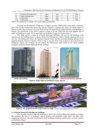 Challenges Affecting the Development and Optimal Use of Tall Buildings in Nigeria
www.theijes.com The IJES Page 15
7. National Oil Headquarters Lagos 83m 23 1984
8. Stock Exchange house Lagos 83m 22 N/A
9. UBA house Lagos 80m 20 N/A
10. Eagle house Lagos 78m 20 1985
NOTE: N/A means Not Available; U/C means Under Construction;
Presently, the development of high-rises in Nigeria has been influenced by urban needs, constraints,
and a host of other commercial reasons that task the Engineer’s ingenuity [8]. Lagos, the former capital of
Nigeria and the major economic hob in the West African sub-region has the highest number of tall buildings in
Nigeria. The transference of the nation’s capital to Abuja in the late 1980’s has led to the degrade state of
major tall buildings in Lagos. Three major high rise buildings in Lagos are shown in Fig. 1.
The Abuja skyline is made up of mostly mid-range buildings, with just few tall buildings. Only
recently have tall buildings begun to appear. Most of the buildings are modern, thereby reflecting that it is a
new city. The Millennium Tower, the Nigerian Cultural Centre, and the municipal building (all part of the
proposed Nigerian National Complex, shown in Fig. 2) are part of the many projects in the Central District
of Nigeria's capital city of Abuja. At 170 meters, the Millennium tower would be the tallest building
in Nigeria, going beyond the 160m high NITEL building.
NITEL BUILDING INDEPENDENCE HOUSE STOCK EXCHANGE HOUSE
Figure1: Major high rise building in Lagos, Nigeria.
Figure 2: The proposed World Trade Centre in Abuja; Source: www.churchgate.com (2013).
2.2 Problems associated with high-rise buildings
Like any other structure, high-rise buildings are faced with several problems and experience accidents
that endanger the lives of its occupants, destroy facilities and equipment within them, and affect other
neighboring structures. The most feared hazards of tall buildings around the world are fire, terroristic attaches
and building collapse.
 