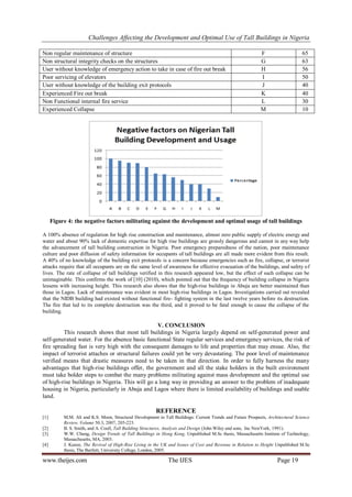 Challenges Affecting the Development and Optimal Use of Tall Buildings in Nigeria
www.theijes.com The IJES Page 19
Non regular maintenance of structure F 65
Non structural integrity checks on the structures G 63
User without knowledge of emergency action to take in case of fire out break H 56
Poor servicing of elevators I 50
User without knowledge of the building exit protocols J 40
Experienced Fire out break K 40
Non Functional internal fire service L 30
Experienced Collapse M 10
Figure 4: the negative factors militating against the development and optimal usage of tall buildings
A 100% absence of regulation for high rise construction and maintenance, almost zero public supply of electric energy and
water and about 90% lack of domestic expertise for high rise buildings are grossly dangerous and cannot in any way help
the advancement of tall building construction in Nigeria. Poor emergency preparedness of the nation, poor maintenance
culture and poor diffusion of safety information for occupants of tall buildings are all made more evident from this result.
A 40% of no knowledge of the building exit protocols is a concern because emergencies such as fire, collapse, or terrorist
attacks require that all occupants are on the same level of awareness for effective evacuation of the buildings, and safety of
lives. The rate of collapse of tall buildings verified in this research appeared low, but the effect of such collapse can be
unimaginable. This confirms the work of [10] (2010), which pointed out that the frequency of building collapse in Nigeria
lessens with increasing height. This research also shows that the high-rise buildings in Abuja are better maintained than
those in Lagos. Lack of maintenance was evident in most high-rise buildings in Lagos. Investigations carried out revealed
that the NIDB building had existed without functional fire- fighting system in the last twelve years before its destruction.
The fire that led to its complete destruction was the third, and it proved to be fatal enough to cause the collapse of the
building.
V. CONCLUSION
This research shows that most tall buildings in Nigeria largely depend on self-generated power and
self-generated water. For the absence basic functional State regular services and emergency services, the risk of
fire spreading fast is very high with the consequent damages to life and properties that may ensue. Also, the
impact of terrorist attaches or structural failures could yet be very devastating. The poor level of maintenance
verified means that drastic measures need to be taken in that direction. In order to fully harness the many
advantages that high-rise buildings offer, the government and all the stake holders in the built environment
must take bolder steps to combat the many problems militating against mass development and the optimal use
of high-rise buildings in Nigeria. This will go a long way in providing an answer to the problem of inadequate
housing in Nigeria, particularly in Abuja and Lagos where there is limited availability of buildings and usable
land.
REFERENCE
[1] M.M. Ali and K.S. Moon, Structural Development in Tall Buildings: Current Trends and Future Prospects, Architectural Science
Review, Volume 50.3, 2007, 205-223.
[2] B. S. Smith, and A. Coull, Tall Building Structures, Analysis and Design (John Wiley and sons, Inc NewYork, 1991).
[3] W.W. Chung, Design Trends of Tall Buildings in Hong Kong, Unpublished M.Sc thesis, Massachusetts Institute of Technology,
Massachusetts, MA, 2003.
[4] J. Kunze, The Revival of High-Rise Living in the UK and Issues of Cost and Revenue in Relation to Height Unpublished M.Sc
thesis, The Bartlett, University College, London, 2005.
 