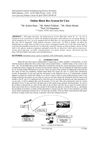 International Journal of Engineering Science Invention
ISSN (Online): 2319 – 6734, ISSN (Print): 2319 – 6726
www.ijesi.org Volume 3 Issue 4ǁ April 2014 ǁ PP.06-10
www.ijesi.org 6 | Page
Online Black Box System for Cars
1,
Mr. Kishor Rane , 2,
Mr. Rahul Tichkule , 3,
Mr. Mohit Shinde
4,
Prof. S.I.Nipanikar
1,2,3,4,
(E&TC, PVPIT, Pune Country INDIA)
ABSTRACT : This paper describes the design process of Car Black Box system IC. As x by wire is
introduced to the several part in vehicle, the demand of automotive semiconductors are increasing. Because it
will be mandatory for every car to be equipped with Car Black Box, it is expected that many ICs for Car Black
Box also will be integrated. Unlike general electronic control units as PCB or module, car black box
implemented on a single chip can reduce its size, power consumption and the cost. So the topic of this paper is
to develop the Embedded controller for Car Black Box using SoC (System on Chip) technique. System on Chip
(SoC) is the effective method to implement embedded system like car black box, which consists of processor,
various sensors like temp , eye blink , stearing position , over speed , alcohol sensors , SD card (to store the
data) ,GPS and GSM(to send online (real time)information).
KEYWORDS: Embedded system, system on chip(SoC), GPS, GSM module, visual basic
I. INTRODUCTION
Black Box has been proven indispensable in improving car safety reliability. Unfortunately, on most
real-life situations, Black Box fail to deliver their most essential feature - a faithful replay of the events in real
time. The aircraft flight data recorder, Black Box continuously records the various parameters execution, even
on deployed systems, logging the execution for post-mortem analysis .We are designing the flight data recorder
for car accident mishap information in real time. There are many of the accident are happening world-wide but
how many of them are completely clarified online black box system for cars is a system that continuously
records all parameters of cars and send the information to the dedicated server so if unfortunately accident
happens car black box clarify that whether it is a driver’s fault or there is some malfunctioning in parts of car
during accident.In this project we are using two units car unit that collects the information from the sensors and
another is the PC unit it is a dedicated server, from this unit we can check the position and other parameters of
car any time, it will be updated after each 20 seconds. [1] Car unit: This unit continuously scans for various
parameters of car. It scans and stores the data such as fuel, engine temp, speed & steering position. As soon as
the accident is detected the µc stores all this data on the sd smart card.Also the µc scans for alcohol and eye
blink sensor.If the driver is found to have alcohol in the breath, the ignition is turned off by the µc .and 6hence
the possibility of accident is avoided. all this information is stored in sd card. Also we have designed a eye blink
sensor which continuously monitors the no. Of times the eye blinks. If the eye blinks count decreases that means
the driver is sleepy in that case a buzzer is operated , this is the working of car unit.
Fig 1.1 concept of car black box
 