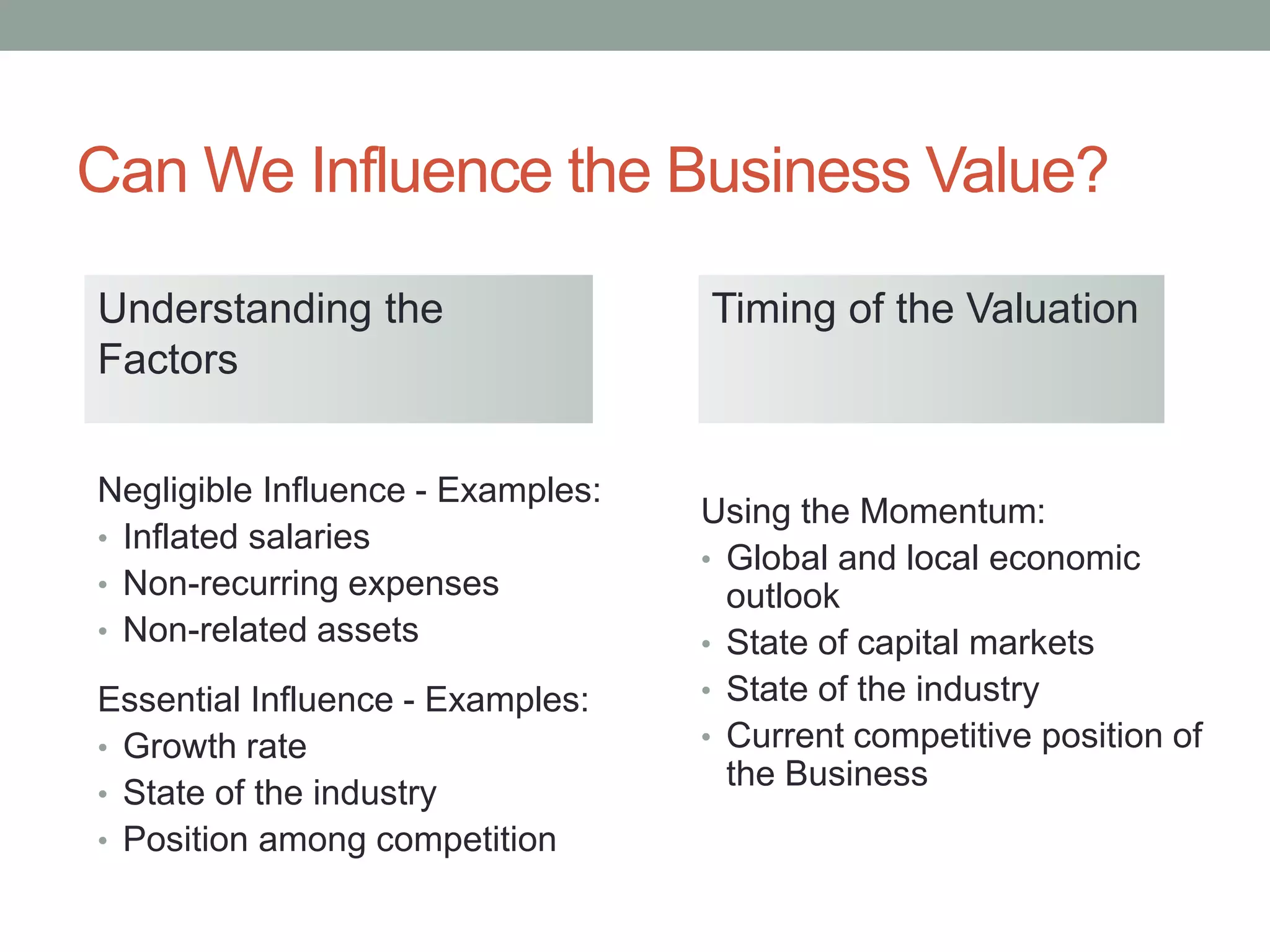 Can We Influence the Business Value?
Negligible Influence - Examples:
• Inflated salaries
• Non-recurring expenses
• Non-related assets
Essential Influence - Examples:
• Growth rate
• State of the industry
• Position among competition
Using the Momentum:
• Global and local economic
outlook
• State of capital markets
• State of the industry
• Current competitive position of
the Business
Understanding the
Factors
Timing of the Valuation
 