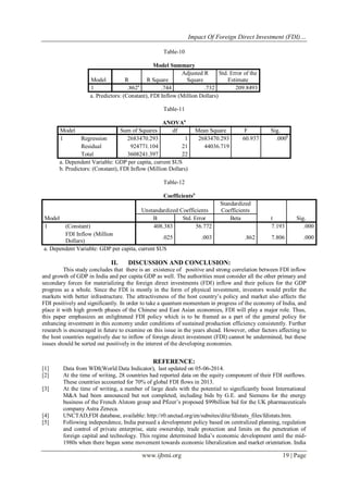 Impact Of Foreign Direct Investment (FDI)…
www.ijbmi.org 19 | Page
Table-10
Model Summary
Model R R Square
Adjusted R
Square
Std. Error of the
Estimate
1 .862a
.744 .732 209.8493
a. Predictors: (Constant), FDI Inflow (Million Dollars)
Table-11
ANOVAa
Model Sum of Squares df Mean Square F Sig.
1 Regression 2683470.293 1 2683470.293 60.937 .000b
Residual 924771.104 21 44036.719
Total 3608241.397 22
a. Dependent Variable: GDP per capita, current $US
b. Predictors: (Constant), FDI Inflow (Million Dollars)
Table-12
Coefficientsa
Model
Unstandardized Coefficients
Standardized
Coefficients
t Sig.B Std. Error Beta
1 (Constant) 408.383 56.772 7.193 .000
FDI Inflow (Million
Dollars)
.025 .003 .862 7.806 .000
a. Dependent Variable: GDP per capita, current $US
II. DISCUSSION AND CONCLUSION:
This study concludes that there is an existence of positive and strong correlation between FDI inflow
and growth of GDP in India and per capita GDP as well. The authorities must consider all the other primary and
secondary forces for materializing the foreign direct investments (FDI) inflow and their polices for the GDP
progress as a whole. Since the FDI is mostly in the form of physical investment, investors would prefer the
markets with better infrastructure. The attractiveness of the host country‘s policy and market also affects the
FDI positively and significantly. In order to take a quantum momentum in progress of the economy of India, and
place it with high growth phases of the Chinese and East Asian economies, FDI will play a major role. Thus,
this paper emphasizes an enlightened FDI policy which is to be framed as a part of the general policy for
enhancing investment in this economy under conditions of sustained production efficiency consistently. Further
research is encouraged in future to examine on this issue in the years ahead. However, other factors affecting to
the host countries negatively due to inflow of foreign direct investment (FDI) cannot be undermined, but these
issues should be sorted out positively in the interest of the developing economies.
REFERENCE:
[1] Data from WDI(World Data Indicator), last updated on 05-06-2014.
[2] At the time of writing, 28 countries had reported data on the equity component of their FDI outflows.
These countries accounted for 70% of global FDI flows in 2013.
[3] At the time of writing, a number of large deals with the potential to significantly boost International
M&A had been announced but not completed, including bids by G.E. and Siemens for the energy
business of the French Alstom group and Pfizer‘s proposed $99billion bid for the UK pharmaceuticals
company Astra Zeneca.
[4] UNCTAD,FDI database, available: http://r0.unctad.org/en/subsites/dite/fdistats_files/fdistats.htm.
[5] Following independence, India pursued a development policy based on centralized planning, regulation
and control of private enterprise, state ownership, trade protection and limits on the penetration of
foreign capital and technology. This regime determined India‘s economic development until the mid-
1980s when there began some movement towards economic liberalization and market orientation. India
 