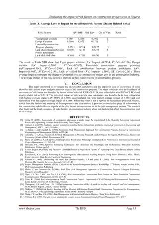 Evaluating the impact of risk factors on construction projects cost in Nigeria
www.theijes.com The IJES Page 15
Table IX. Average Level of Impact for the different risk Factors (Quality Related Risks)
Risk factors AV. IMP. Std. Dev. Co. of Var. Rank
The result in Table VIII show that Tight project schedule (AV. Impact =0.7314, ST.Dev.=0.2166), Design
varition (AV. Impact=0.7086 , ST.Dev.=0.2672), Unsuitable construction program planning
(AV.Impact=0.5543, ST.Dev.=0.2914), Lack of coordination between project participants (AV.
Impact=(0.4057, ST.Dev.=0.2141), Lack of skilled labor (AV. Impact= 0.3600, ST. Dev.=0.2265). These
average impacts represent the degree of potential loss on construction project cost in the construction industry.
The average impact of the risk factors is express as their relative score on construction projects.
V. CONCLUSION
This paper attempted to investigate the likelihood of occurrence and the impact in case of occurrence of some
identified risk factors at pre and post contract stage of the construction projects. The paper concludes that the likelihood of
occurrence of risk factor was found to be in cost related risk with RSIS of 0.9154, time related risk with RSIS of 0.3154 and
quality related risk of 0.3114. The perceived impact of risk factors in case occurrence was found to be in time related risk
with highest average impact (AV. IMP.) of 0.7086, quality related risk with highest average impact of 0.7314 and cost
related risk with the highest average impact of 0.5886. Whilst this order is not a surprise in traditionally procured projects,
which form the basis of the majority of the responses to the study survey, it provides an invaluable piece of information to
the construction stakeholders as regards to the risk factors to concentrates on in the risk management process. The research
also found out the level awareness of stake holders in construction industry about risk factors that affect the construction cost
to be average.
REFERENCES
[1] Abba, D. (2008). Assessment of contingency allowance at tender stage An unpublished B.Sc. Quantity Surveying Department
Faculty of Engineering, Ahmadu Bello University Zaria, Nigeria
[2] Ahmed, et al. (1990).Decision- support system for modeling bid/no-bid decision problems, Journal of Construction Engineering and
Management, ASCE 116(4), 595-608
[3] Al-Bahar, J. and Crandall, K. (1990), Systematic Risk Management Approach For Construction Projects, Journal of Construction
Engineering and Management 116(3), pp533-546
[4] Awodele , O. (2012). Framework for Risk Management in Privately Financed Market Projects In Nigeria, Ph.D Thesis, Hariot-watt
University, School of Built Environment, UK.
[5] Baloi, D. and Price, A.D.F. (2003).Modeling Global Risk Factors Affecting Construction Cost Performance, International Journal of
Project Management, 21, 261-269
[6] Brandon, P.S.(1990). Quantity Surveying Techniques: New directions the Challenges and theResponse, Blackwell Scientific
Publication, Oxford, pp.1-2
[7] Collins English Dictionary and Thesaurus (2006).Definition of Project Risk Factors, 4th
EditionPp1041, Great Britain, Harper Collins
Publishers
[8] Khalafallah, A.M. (2002). Estimating Cost Contingencies of Residential Building Projects Using Belief Networks, M.Sc. Thesis,
Cairo University Giza, Egypt, Faculty of Engineering.
[9] Latham M. (1994). Constructing The Team, SO, London Odeyinka, H.A.and Iyaba, R.I.(2000). Risk Management to Avoid Cost
Overrun The Quantity Surveyors Journals, 31(1), 14-21
[10] Project Management Institute, (2000). A Guide to the Project Management Body of Knowledge, 2nd
Edition, North Carolina, USA,
PMI Communication Publishing
[11] Shehu, Z. and Sommerville, J.(2006). Real Time Risk Management Approach to Construction Projects. Glasgow University,
Glasgow, United Kingdom
[12] Shen, L.Y. Wu, G.W.C. and Ng, C.S.K. (2001).Risk Assessment for Construction Joint Venture in China, Journal of Construction
Engineering and Management, 127(1), pp76-81
[13] Simu, K. (2006). Risk Management in Small Construction Projects. Department of Civil Mining and Environmental Engineering,
Lulea, Lulea University of Technology, Sweden.
[14] Thompson, P.A. and Perry, J.G. (1992).Engineering Construction Risks: A guide to project risk Analysis and risk management,
SERC Project Report, London, Thomas Telford
[15] Wakjira, T. (2011).Risk Factors Leading to Cost Overrun in Ethiopian Federal Road Construction Projects and its Consequences,
M.Sc. Thesis, Civil Engineering Department, Addis Ababa University Ethiopia
[16] Wang, J.Y. and Liu, C.L. (2004).Risk Management in Construction Projects, Beijing, China Water Publication
[17] Williams, T.M. (1999). The need for new paradigms for complex projects, International Journal of Project Management, 17(5): 269-73
Tight project schedule 0.7314 0.2166 0.2962 1
Design Variation 0.7086 0.2672 0.3771 2
Unsuitable construction
Program planning 0.5543 0.2914 0.5257 3
Lack of coordination between 0.4057 0.2141 0.5278 4
Project participants
Lack of skilled labor 0.3600 0.2265 0.6291 5
 