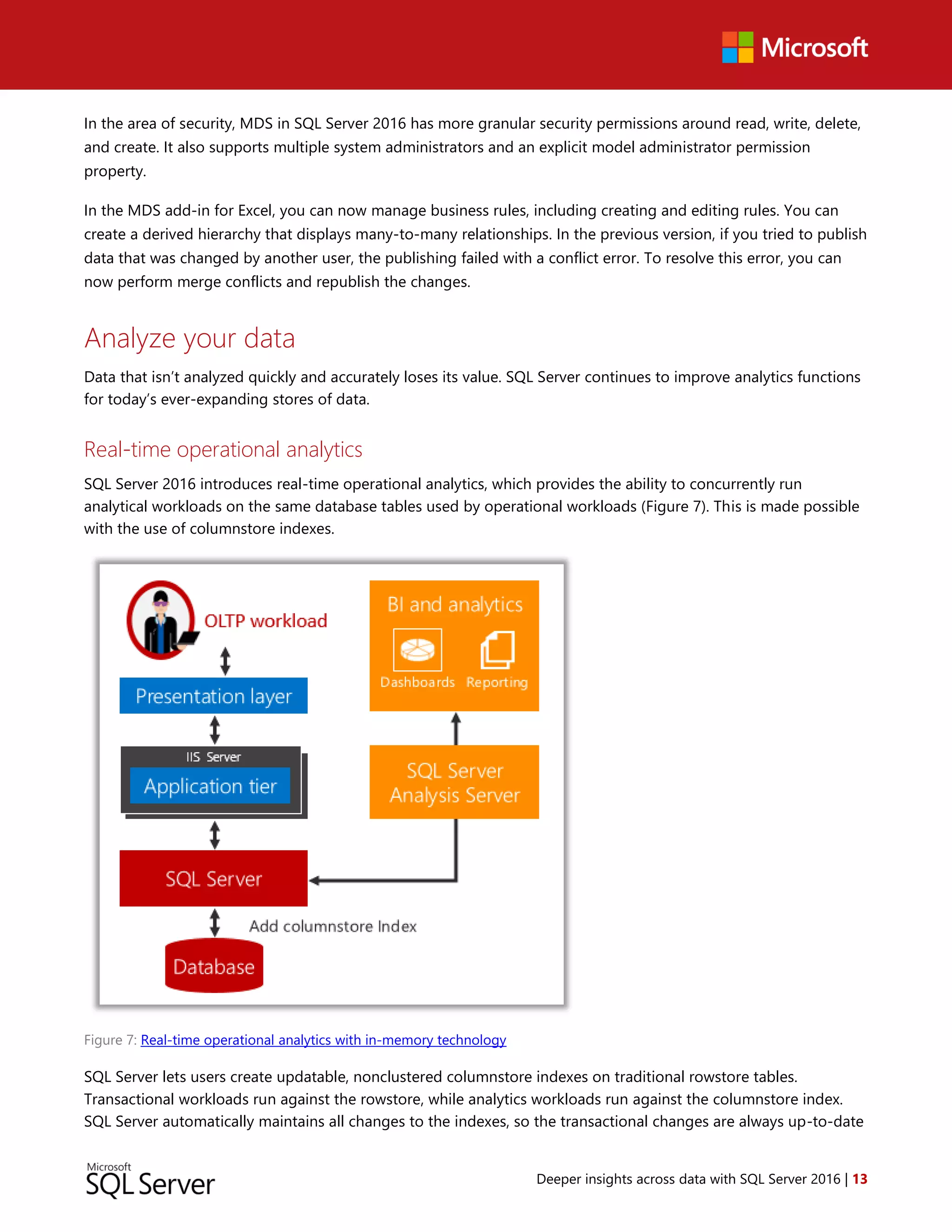Deeper insights across data with SQL Server 2016 | 13
In the area of security, MDS in SQL Server 2016 has more granular security permissions around read, write, delete,
and create. It also supports multiple system administrators and an explicit model administrator permission
property.
In the MDS add-in for Excel, you can now manage business rules, including creating and editing rules. You can
create a derived hierarchy that displays many-to-many relationships. In the previous version, if you tried to publish
data that was changed by another user, the publishing failed with a conflict error. To resolve this error, you can
now perform merge conflicts and republish the changes.
Analyze your data
Data that isn’t analyzed quickly and accurately loses its value. SQL Server continues to improve analytics functions
for today’s ever-expanding stores of data.
Real-time operational analytics
SQL Server 2016 introduces real-time operational analytics, which provides the ability to concurrently run
analytical workloads on the same database tables used by operational workloads (Figure 7). This is made possible
with the use of columnstore indexes.
Figure 7: Real-time operational analytics with in-memory technology
SQL Server lets users create updatable, nonclustered columnstore indexes on traditional rowstore tables.
Transactional workloads run against the rowstore, while analytics workloads run against the columnstore index.
SQL Server automatically maintains all changes to the indexes, so the transactional changes are always up-to-date
 