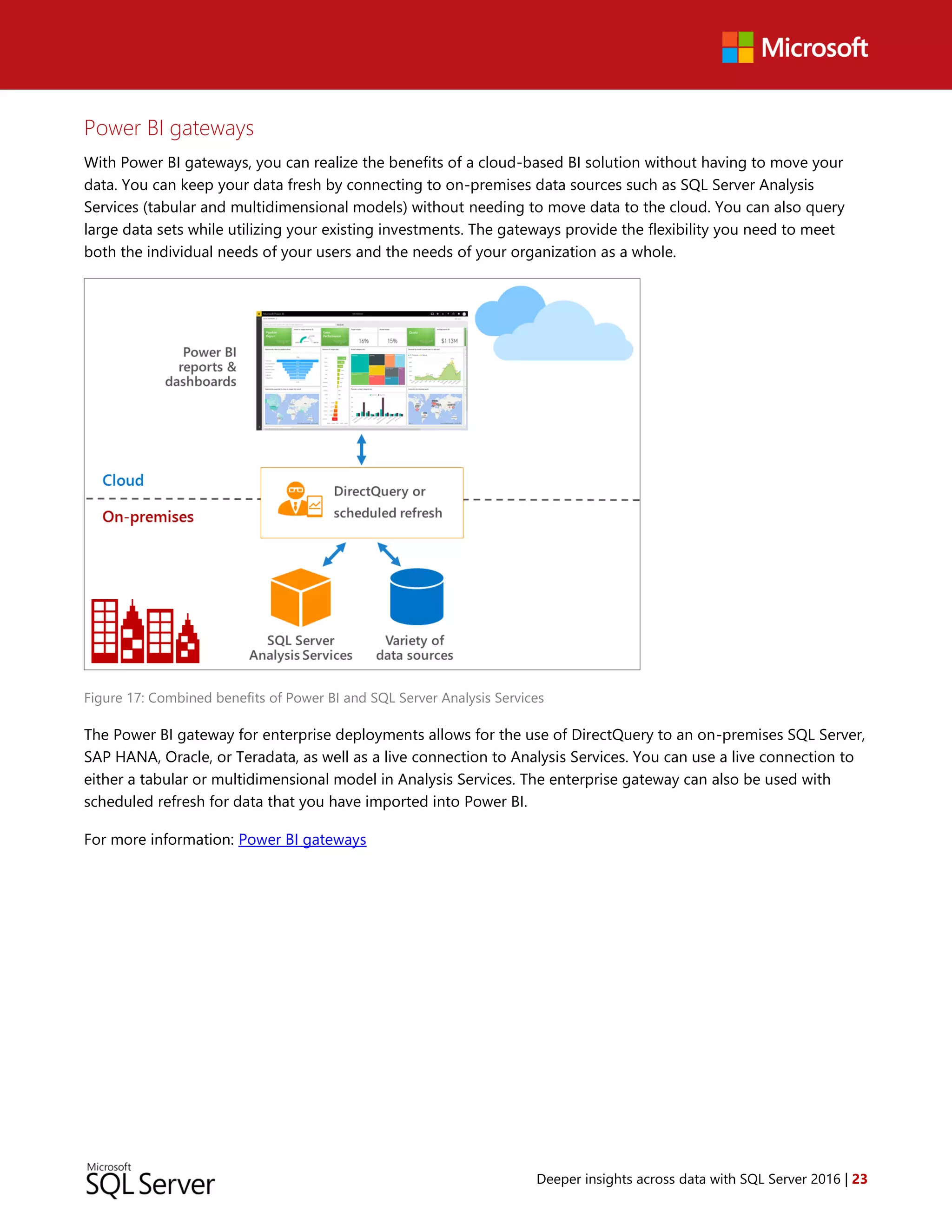Deeper insights across data with SQL Server 2016 | 23
Power BI gateways
With Power BI gateways, you can realize the benefits of a cloud-based BI solution without having to move your
data. You can keep your data fresh by connecting to on-premises data sources such as SQL Server Analysis
Services (tabular and multidimensional models) without needing to move data to the cloud. You can also query
large data sets while utilizing your existing investments. The gateways provide the flexibility you need to meet
both the individual needs of your users and the needs of your organization as a whole.
Figure 17: Combined benefits of Power BI and SQL Server Analysis Services
The Power BI gateway for enterprise deployments allows for the use of DirectQuery to an on-premises SQL Server,
SAP HANA, Oracle, or Teradata, as well as a live connection to Analysis Services. You can use a live connection to
either a tabular or multidimensional model in Analysis Services. The enterprise gateway can also be used with
scheduled refresh for data that you have imported into Power BI.
For more information: Power BI gateways
 