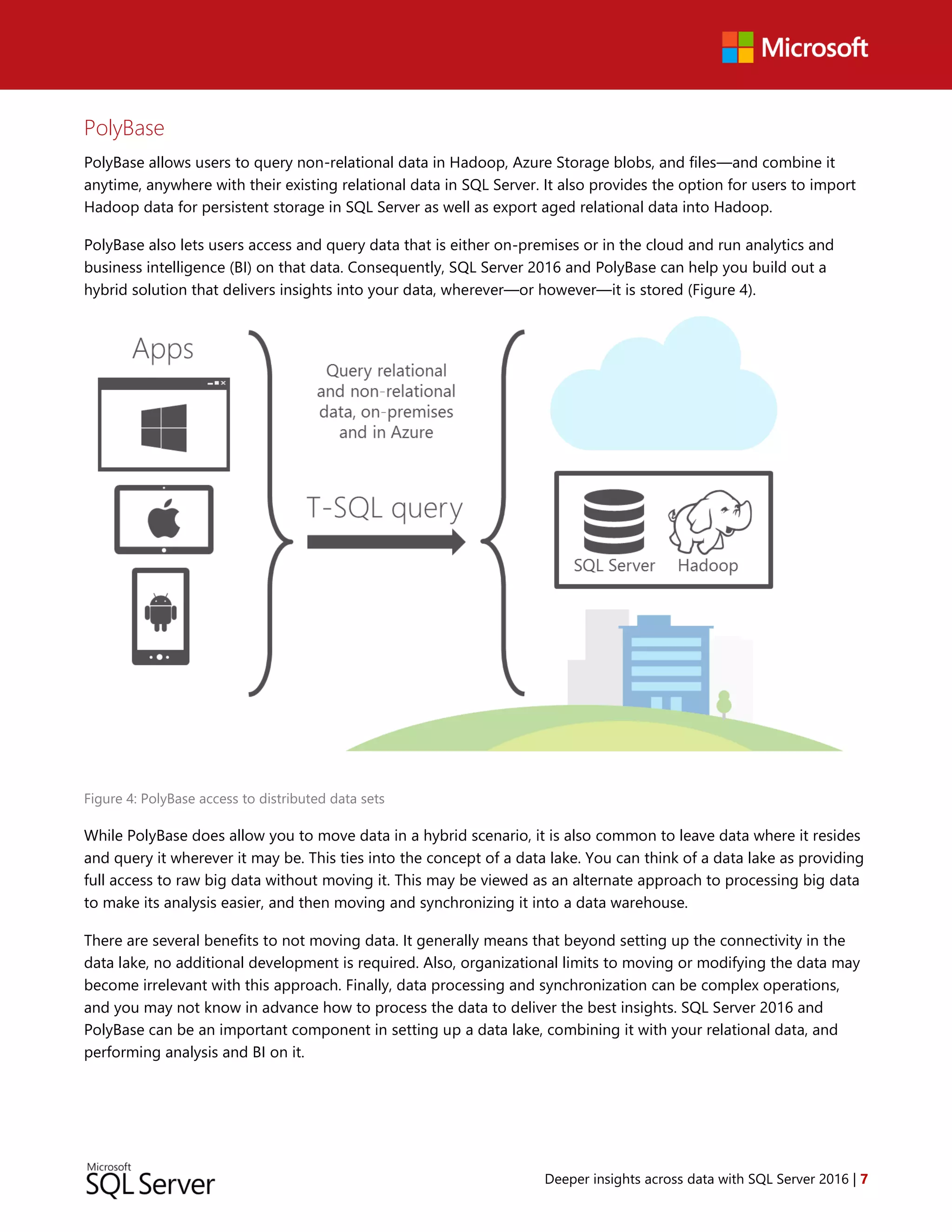 Deeper insights across data with SQL Server 2016 | 7
PolyBase
PolyBase allows users to query non-relational data in Hadoop, Azure Storage blobs, and files—and combine it
anytime, anywhere with their existing relational data in SQL Server. It also provides the option for users to import
Hadoop data for persistent storage in SQL Server as well as export aged relational data into Hadoop.
PolyBase also lets users access and query data that is either on-premises or in the cloud and run analytics and
business intelligence (BI) on that data. Consequently, SQL Server 2016 and PolyBase can help you build out a
hybrid solution that delivers insights into your data, wherever—or however—it is stored (Figure 4).
Figure 4: PolyBase access to distributed data sets
While PolyBase does allow you to move data in a hybrid scenario, it is also common to leave data where it resides
and query it wherever it may be. This ties into the concept of a data lake. You can think of a data lake as providing
full access to raw big data without moving it. This may be viewed as an alternate approach to processing big data
to make its analysis easier, and then moving and synchronizing it into a data warehouse.
There are several benefits to not moving data. It generally means that beyond setting up the connectivity in the
data lake, no additional development is required. Also, organizational limits to moving or modifying the data may
become irrelevant with this approach. Finally, data processing and synchronization can be complex operations,
and you may not know in advance how to process the data to deliver the best insights. SQL Server 2016 and
PolyBase can be an important component in setting up a data lake, combining it with your relational data, and
performing analysis and BI on it.
 