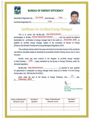 Energy Manager Certificate PDF Energy Manager Certificate PDF