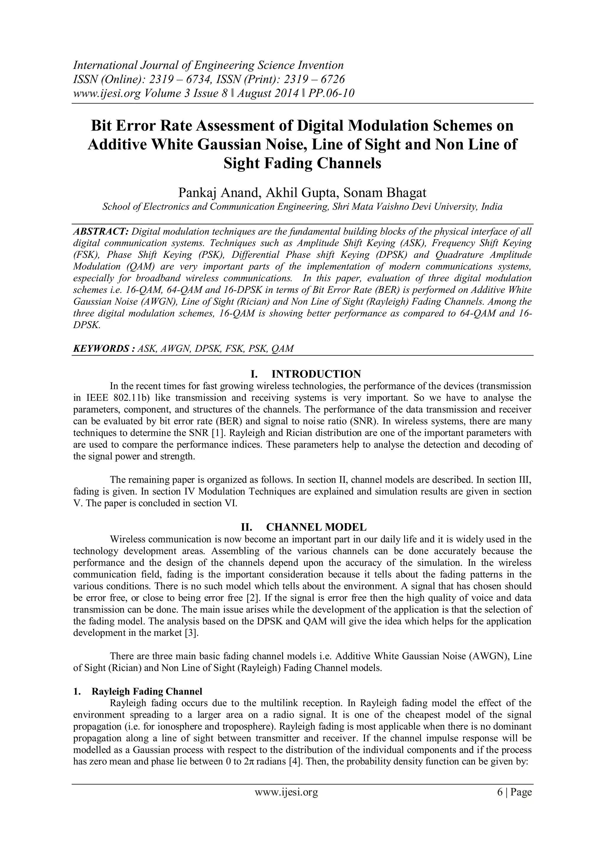 Bit Error Rate Assessment of Digital Modulation Schemes on Additive ...