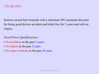 The Ultimate Study Guide - Part 4
170 (B) 20%:
Insurers award their Insureds with a minimum 20% premium discount
for being good drivers accident and ticket free for 3 years and with no
majors.
Good Driver Qualifications:
• No accidents in the past 3 years
• No tickets in the past 3 years
• No major citations in the past 10 years
 