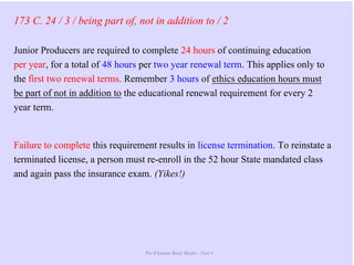 The Ultimate Study Guide - Part 4
173 C. 24 / 3 / being part of, not in addition to / 2
Junior Producers are required to complete 24 hours of continuing education
per year, for a total of 48 hours per two year renewal term. This applies only to
the first two renewal terms. Remember 3 hours of ethics education hours must
be part of not in addition to the educational renewal requirement for every 2
year term.
Failure to complete this requirement results in license termination. To reinstate a
terminated license, a person must re-enroll in the 52 hour State mandated class
and again pass the insurance exam. (Yikes!)
 