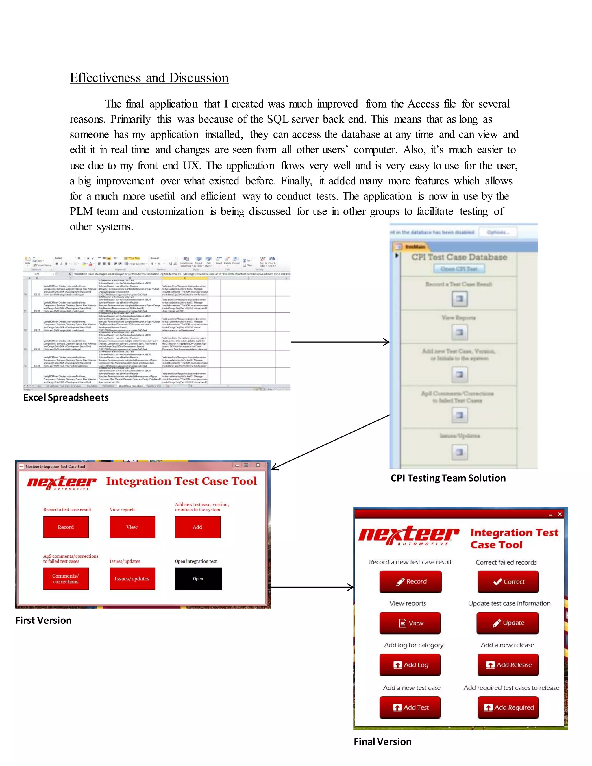 Effectiveness and Discussion
The final application that I created was much improved from the Access file for several
reasons. Primarily this was because of the SQL server back end. This means that as long as
someone has my application installed, they can access the database at any time and can view and
edit it in real time and changes are seen from all other users’ computer. Also, it’s much easier to
use due to my front end UX. The application flows very well and is very easy to use for the user,
a big improvement over what existed before. Finally, it added many more features which allows
for a much more useful and efficient way to conduct tests. The application is now in use by the
PLM team and customization is being discussed for use in other groups to facilitate testing of
other systems.
Excel Spreadsheets
CPI TestingTeam Solution
Final Version
First Version
 