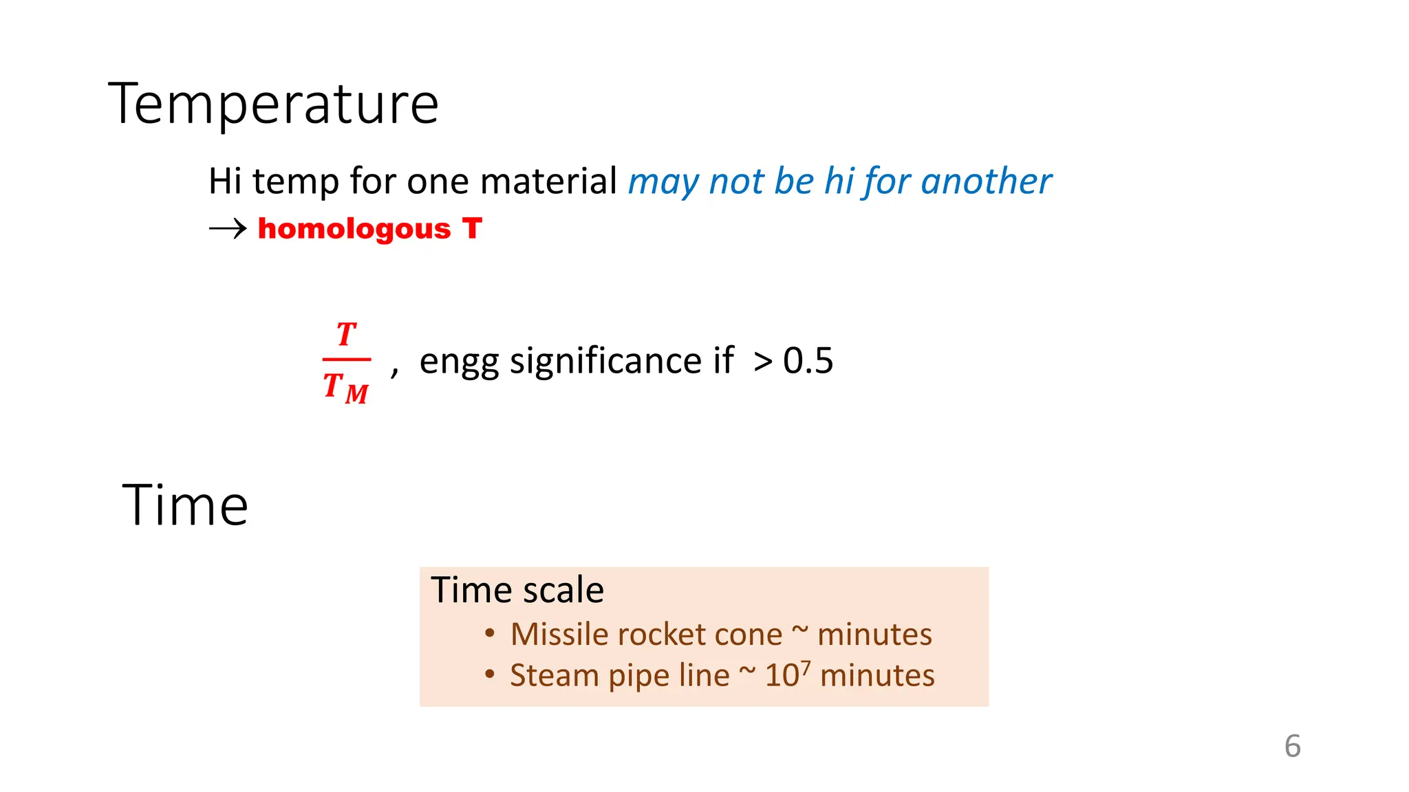 Temperature
Hi temp for one material may not be hi for another
 homologous T
𝑻
𝑻𝑴
, engg significance if > 0.5
6
Time scale
• Missile rocket cone ~ minutes
• Steam pipe line ~ 107 minutes
Time
 