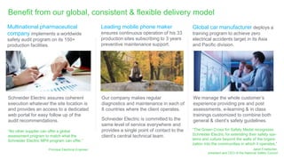 Schneider Electric assures coherent
execution whatever the site location is
and provides an access to a dedicated
web portal for easy follow up of the
audit recommendations.
“No other supplier can offer a global
assessment program to match what the
Schneider Electric MP4 program can offer.”
Principal Electrical Engineer
Our company makes regular
diagnostics and maintenance in each of
8 countries where the client operates.
Schneider Electric is committed to the
same level of service everywhere and
provides a single point of contact to the
client’s central technical team.
“The Green Cross for Safety Medal recognizes
Schneider Electric for extending their safety sys-
tems and culture beyond the walls of the organi-
zation into the communities in which it operates,”
Janet Froetscher,
president and CEO of the National Safety Council
We manage the whole customer’s
experience providing pre and post
assessments, e-learning & in class
trainings customized to combine both
general & client’s safety guidelines.
Multinational pharmaceutical
company implements a worldwide
safety audit program on its 150+
production facilities.
Leading mobile phone maker
ensures continuous operation of his 33
production sites subscribing to 3 years
preventive maintenance support.
Global car manufacturer deploys a
training program to achieve zero
electrical accidents target in its Asia
and Pacific division.
Benefit from our global, consistent & flexible delivery model
 
