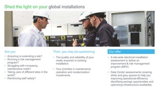 Are you:
• Acquiring or extending a site?
• Running a risk management
program?
• Struggling with increasing
maintenance costs?
• Taking care of different sites in the
world?
• Reinforcing staff safety?
Then, you may be questioning:
• The quality and reliability of your
newly acquired or existing
installation
• Your priorities in maintenance
operation and modernization
investments
Our offer
• A site-wide electrical installation
assessment to define an
improvement & risk management
program (MP4)
• Data Center assessments covering
white and grey spaces to help you
improving operational efficiency,
identifying savings opportunities and
optimizing infrastructure availability
Shed the light on your global installations
 