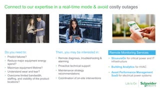 Do you need to:
• Predict failures?
• Reduce major equipment energy
spend?
• Maximize equipment lifetime?
• Understand wear and tear?
• Overcome limited bandwidth,
staffing, and visibility of the product
locations?
Then, you may be interested in:
• Remote diagnosis, troubleshooting &
alarming
• Proactive technical support
• Maintenance strategy
recommendations
• Coordination of on-site interventions
Remote Monitoring Services
• StruxureOn for critical power and IT
infrastructure
• Building Analytics for HVAC
• Asset Performance Management
SaaS for electrical power systems
Connect to our expertise in a real-time mode & avoid costly outages
 