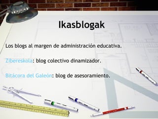 Ikasblogak Los blogs al margen de administraci ón educativa. Zibereskola : blog colectivo dinamizador. Bitácora del Galeón : blog de asesoramiento. 