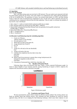 CP-ABE Scheme with extended reliability factor and load balancing in distributed network.
www.ijeijournal.com Page | 9
4.5 Algorithms
4.4.1 Two PC Protocol
KGC with Data storing centre are involved in 2-PC protocol. The user needs to get connected with both
the parties before getting the set of keys. The work of KGC is to authenticate users, along with the distribution
of the set of attribute keys. The generation of secure 2-pc protocol takes places via. KGC and Data Storing
Centre. It does the work of issuing the key components to user. So that user is able to generate secret key by
combining the key components received from the both authorities. Thus in order to overcome the problem of
key-escrow, 2-pc is introduced.
1. Init←setup (1ʎ
), works as trusted initialize and gives public key as output.
2. KGC generates public key and private key (PKk,MKk) ←KKGC()
3. Same as KGC generates the keys,Data Storing Center also generates the key,publiv and private
key(PKk,MKk) ←KDSC()
4. KeycommD (MKD,IDt)↔ Keycommk(MKk,IDt,aux)
5. SKK,ut←IssueKeyK(aux,s)
6. SKu,ut←IssueKeyD()
4.4.2Dynamic Load Balancing using fair scheduling algorithm
1. Create set of Queues.
{Queues statues is to be checked}
2. For each queue q1 in Q
3. While there are tasks in the queue do,
4. Assign demand rate of task,Xi
5. K=C/N
6. Xi<k
7. Assign Xi to ith task as fair rate (threshold)
Else
8. Assign to ith task as fair rate.
9. Calculate fair completion time ti(x) that is time slice
End while
End loop
10. While (Load of any processor is greater than average load processor) do
Selected for migration to other division
End While
11. Calculation of turnaround time, initial time, time taken .etc
VI. Results of Practical Work
Following figure shows the practical work done. Figure 3 shows expected Performance graph. As
shown in figure Number of user increases and this causing transferring of request to KGC2, improves the
response time and efficient results as directed in the graph.
Figure 4 Performance graph
VI. Conclusion and Future Work
We have presented the system which is based on efficient security method. The existing scheme was
based on attribute based data sharing security. New technique has been introduced by using the security
approach along with that we are merging the load balancing technique, which cause faster response in case
 