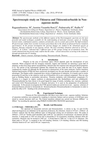 IOSR Journal of Applied Physics (IOSR-JAP)
e-ISSN: 2278-4861.Volume 4, Issue 1 (May. - Jun. 2013), PP 05-08
www.iosrjournals.org
www.iosrjournals.org 5 | Page
Spectroscopic study on Thiourea and Thiosemicarbazide in Non-
aqueous media
Ragamathunnisa .M1
, Jasmine Vasantha Rani.E2
, Padmavathy R2
, Radha N3
1
(Government Arts College for Women, Department of Physics, Pudukkottai, Tamilnadu, India)
2
(Seethalakshmi Ramaswamy College, Department of Physics, Trichy Tamilnadu, India)
3
(Seethalakshmi Ramaswamy College, Department of chemistry, Trichy Tamilnadu, India)
Abstract: The spectroscopic methods of the different regions of the Electromagnetic spectrum are the most
powerful and useful techniques available for the understanding of molecular structure, nature of bonding
between atoms, confirmation analysis, symmetry of molecules, ions in crystals and so forth. The high resolution
IR spectroscopic studies have recently received a great thrust due to the advent of advanced Fourier transform
spectrometers. In the present investigation the spectral changes are studied in the vibrational spectra of
thiourea, thiosemi carbazide in non aqueous solvent. The H2N stretching vibrations observed at 3371cm¯¹,
3259cm¯¹, & 3156cm¯¹ indicated that 3 different types of NH2 groups arising out of tautomeric form. The
results obtained from the present study confirm that the solute – solvent interactions occurring in the solution is
through intermolecular H- bonding.
Keywords – Dimeric structure, Hydrogen bonding, Thiosemicarbazide, Thiourea.
I. Introduction
Progress in the area of non-linear optics (NLO) depends upon the development of new
materials. When compared with the inorganic materials, organic and materials are attracting a great deal of
attention, as they have large optical susceptibilities, inherent ultra fast response time and good optical properties
[1-3]. The advent of the instrumental methods like infrared has now made the task of an organic chemist
comparatively simpler [4] although the IR spectrum is characteristic of the entire molecule. Fourier transform
Infrared Spectrometry (FTIR) has been extensively developed over the past decade and provides a number of
advantages. The Organo sulfur compounds have variety of applications in industries. It is mainly used in textile
processing [5] and also in the reductive work up of Ozonolysis [6] to give carbonyl compound. They are also
used as building blocks to pyrimidine derivatives. Thiourea condenses with β-dicarbonyl compounds [7].
Thiourea is a reagent in organic synthesis to pharmaceuticals like thiobarbituric acid and sulfathiazole.
Thiosemicarbozide has been shown to be good ligand for range of metals, including zinc, mercury, cadmium
and nickel [8,9] Thiosemicarbazide is a thiourea derivative. It is used in the preparation of antibacterial
compounds. In the present investigation the FTIR spectral studies are carried out in non – aqueous solutions of
thiourea(Thiourea solvated in formamide) & thiosemicarbazide (Thiosemicarbazide in formamide) in order to
probe the effect of H – bonding in the solvation process.
II. Experimental Technique
Thiourea & Thio semicarbazide (AR Merc) were used in non - aqueous medium. Solutions
of saturation molalities were prepared by weighing in electronic balance and an accuracy of (0.001gm) were
stored in vaccum decicator until use. The Fourier transform infrared was carried out between 4000cm¯¹ to
400cm¯¹ by recording the spectrum using PERKIN ELMER SPECTRUM RXI spectrometer.
III. Results And Discussion
1.1 FTIR Study – THIOUREA (TU)
The spectrum of formamide (solvent) and thiourea(solute) is shown in fig. (1) and (2).The
observed frequencies are tabulated. In the spectrum of thiourea, the vibrations found at 3371cm-
¹, 3260cm-
¹, &
3156cm-
¹ indicate that the three different types of NH2groups arising out of tautomeric form. The peaks at
2684cm-
¹, 2354 cm-
¹ besides small shoulders upto 2100 cm-
¹ are indicative of ammonium & iminium salt like
structure. A sharp peak at 1585 cm-
¹arises due to thioamide (C=S) asymmetric stretching vibration while the
symmetric vibrations may be located at 1449 cm-
¹. A broad band at 1088 cm-
¹ is due to C-S vibrations. The
sharp peak at 729 cm-
¹ is assigned to the S-H bending vibration. C-N bending vibration and NH bending
vibration found at 627 cm-
¹ and at 493 cm-
¹ respectively.
 