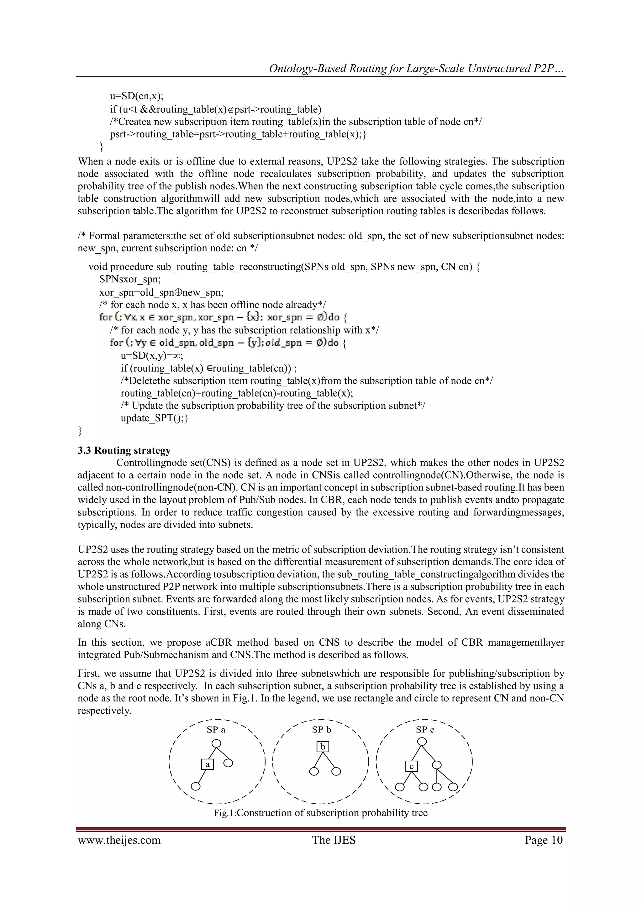Ontology-Based Routing for Large-Scale Unstructured P2P…
www.theijes.com The IJES Page 10
u=SD(cn,x);
if (u<t &&routing_table(x)psrt->routing_table)
/*Createa new subscription item routing_table(x)in the subscription table of node cn*/
psrt->routing_table=psrt->routing_table+routing_table(x);}
}
When a node exits or is offline due to external reasons, UP2S2 take the following strategies. The subscription
node associated with the offline node recalculates subscription probability, and updates the subscription
probability tree of the publish nodes.When the next constructing subscription table cycle comes,the subscription
table construction algorithmwill add new subscription nodes,which are associated with the node,into a new
subscription table.The algorithm for UP2S2 to reconstruct subscription routing tables is describedas follows.
/* Formal parameters:the set of old subscriptionsubnet nodes: old_spn, the set of new subscriptionsubnet nodes:
new_spn, current subscription node: cn */
void procedure sub_routing_table_reconstructing(SPNs old_spn, SPNs new_spn, CN cn) {
SPNsxor_spn;
xor_spn=old_spnnew_spn;
/* for each node x, x has been offline node already*/
{
/* for each node y, y has the subscription relationship with x*/
{
u=SD(x,y)=∞;
if (routing_table(x) routing_table(cn)) ;
/*Deletethe subscription item routing_table(x)from the subscription table of node cn*/
routing_table(cn)=routing_table(cn)-routing_table(x);
/* Update the subscription probability tree of the subscription subnet*/
update_SPT();}
}
3.3 Routing strategy
Controllingnode set(CNS) is defined as a node set in UP2S2, which makes the other nodes in UP2S2
adjacent to a certain node in the node set. A node in CNSis called controllingnode(CN).Otherwise, the node is
called non-controllingnode(non-CN). CN is an important concept in subscription subnet-based routing.It has been
widely used in the layout problem of Pub/Sub nodes. In CBR, each node tends to publish events andto propagate
subscriptions. In order to reduce traffic congestion caused by the excessive routing and forwardingmessages,
typically, nodes are divided into subnets.
UP2S2 uses the routing strategy based on the metric of subscription deviation.The routing strategy isn’t consistent
across the whole network,but is based on the differential measurement of subscription demands.The core idea of
UP2S2 is as follows.According tosubscription deviation, the sub_routing_table_constructingalgorithm divides the
whole unstructured P2P network into multiple subscriptionsubnets.There is a subscription probability tree in each
subscription subnet. Events are forwarded along the most likely subscription nodes. As for events, UP2S2 strategy
is made of two constituents. First, events are routed through their own subnets. Second, An event disseminated
along CNs.
In this section, we propose aCBR method based on CNS to describe the model of CBR managementlayer
integrated Pub/Submechanism and CNS.The method is described as follows.
First, we assume that UP2S2 is divided into three subnetswhich are responsible for publishing/subscription by
CNs a, b and c respectively. In each subscription subnet, a subscription probability tree is established by using a
node as the root node. It’s shown in Fig.1. In the legend, we use rectangle and circle to represent CN and non-CN
respectively.
a
b
c
SP a SP b SP c
Fig.1:Construction of subscription probability tree
 